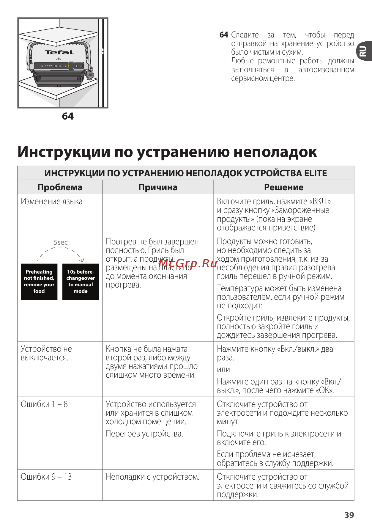 Tefal GC750D30 [18/23] Инструкции по устранению неполадок
