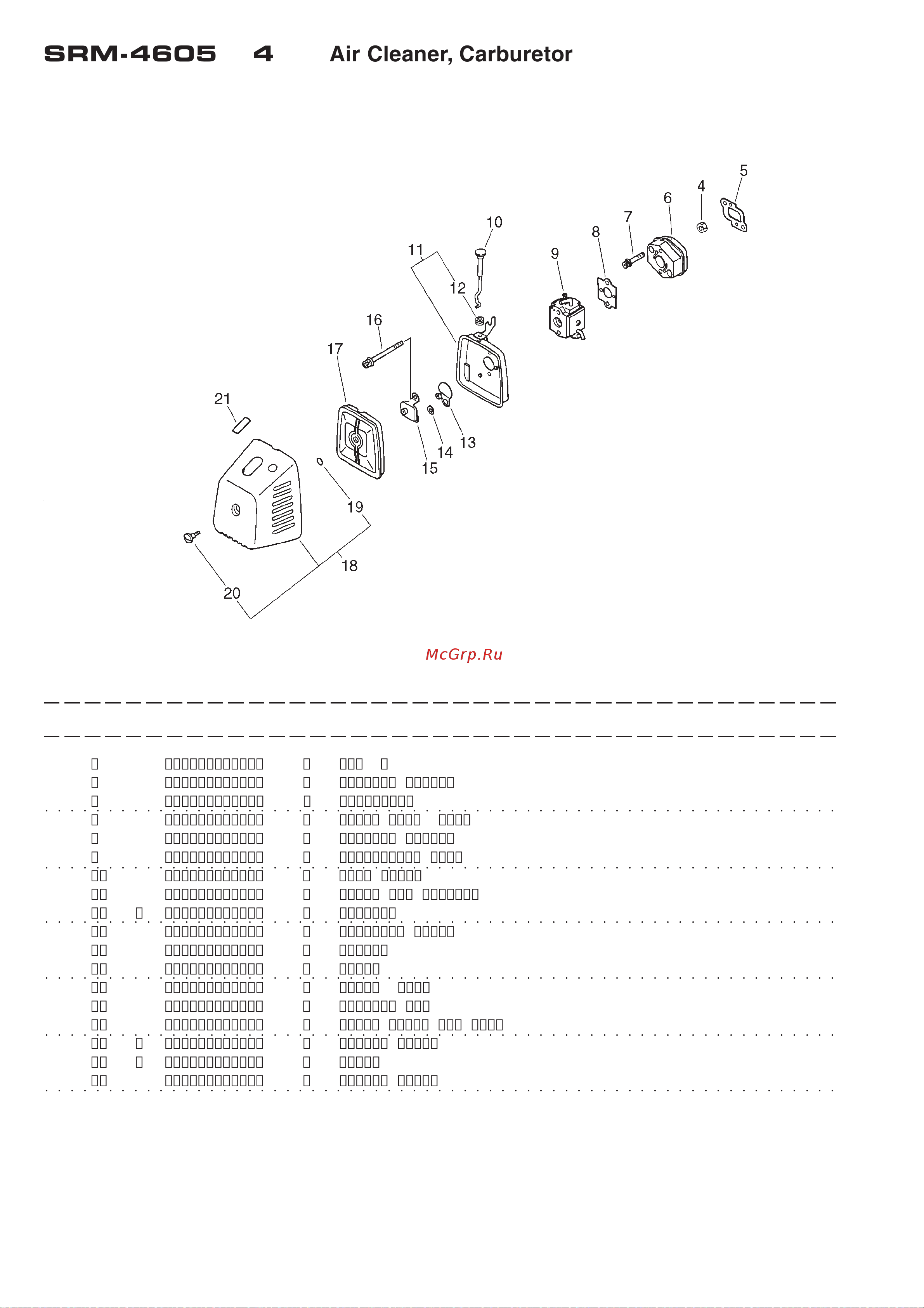 ECHO INCORPORATED ECHO SRM-4605 (деталировка) [7/20] Srm 4605 4 air cleaner carburetor