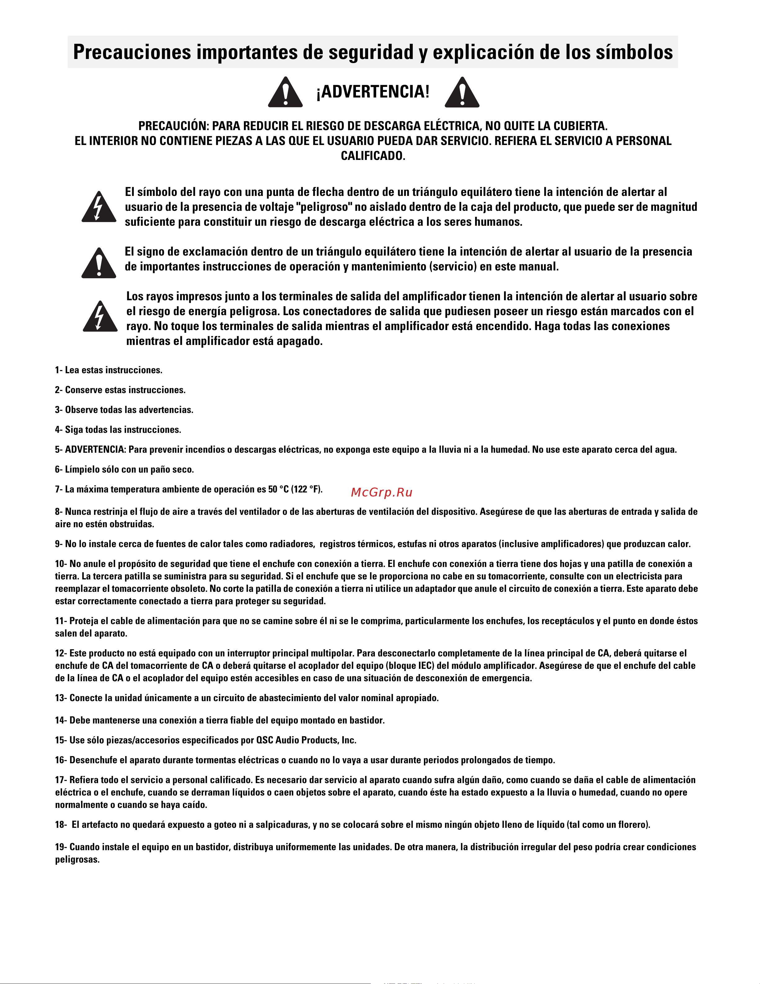 QSC RMX850a [34/38] Precauciones importantes de seguridad y explicación de los símbolos