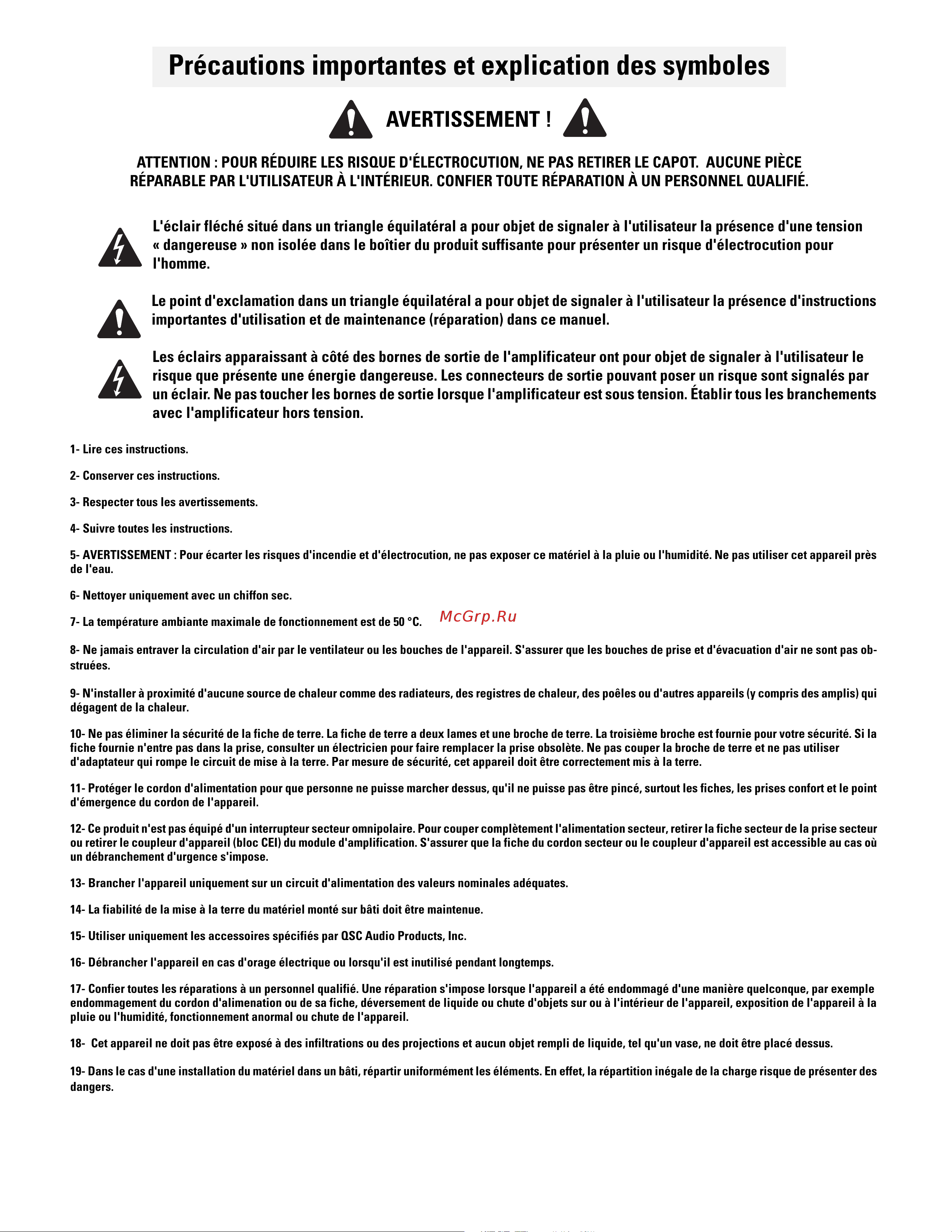 QSC RMX850a [35/38] Précautions importantes et explication des symboles