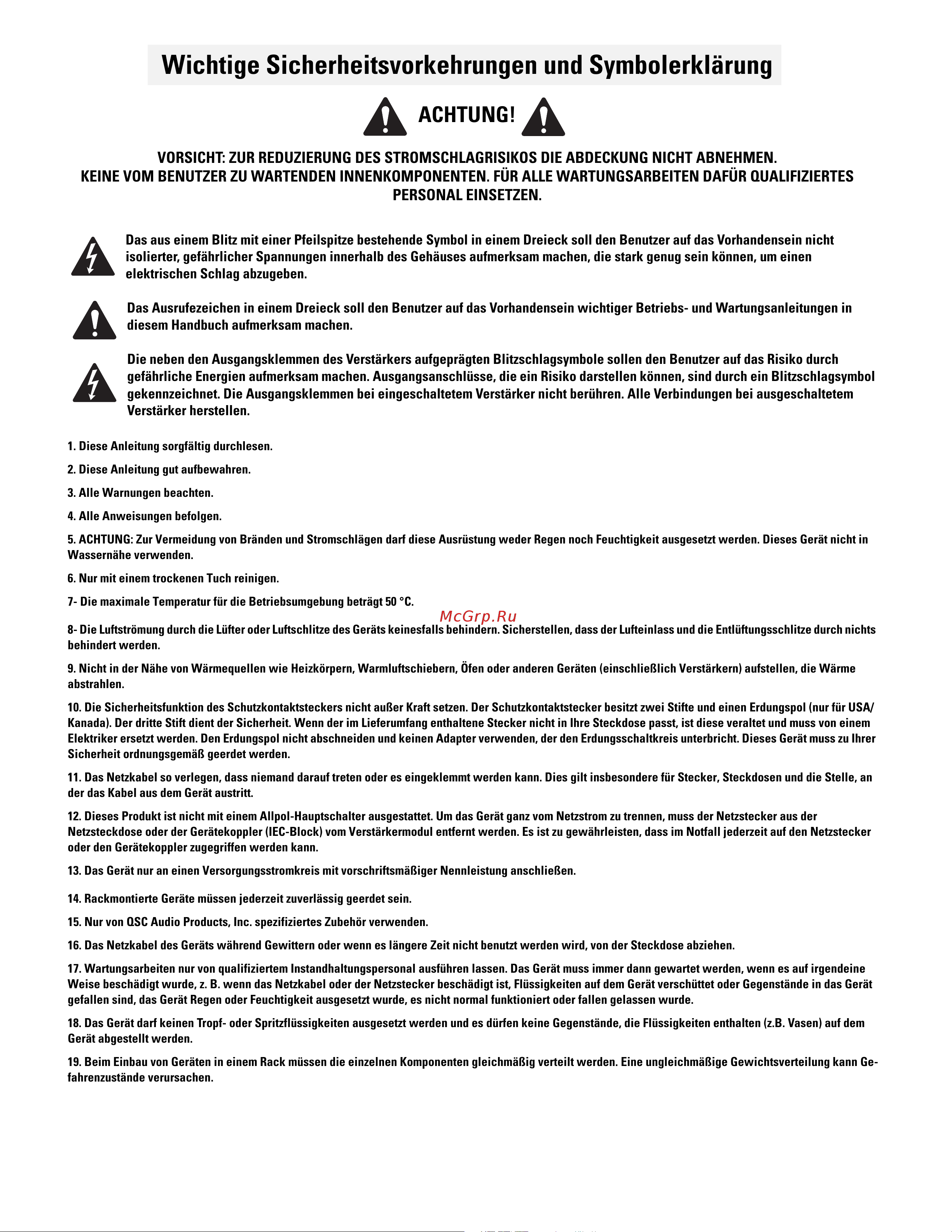 QSC RMX850a [36/38] Wichtige sicherheitsvorkehrungen und symbolerklärung