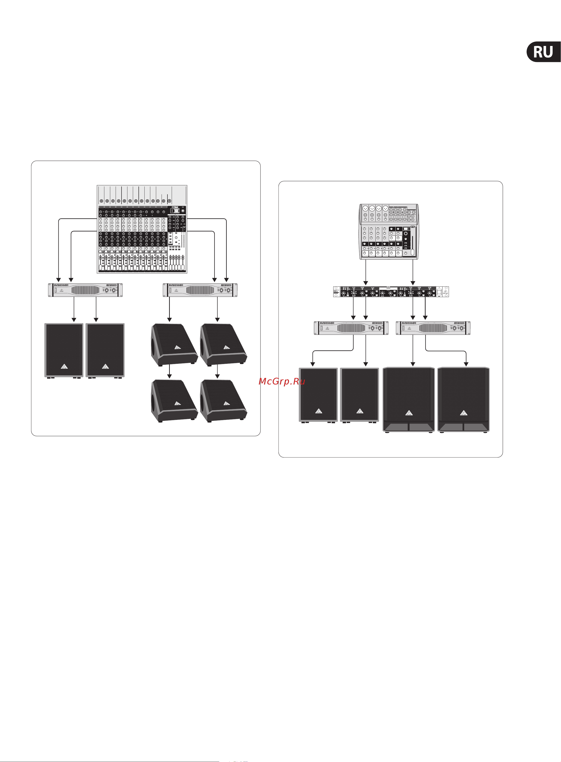 Behringer VS1220 [7/10] При помощи внешнего активного разделителя основной выходной сигнал с консоли смесителя разделяется на два сигналы один сигнал содержит нижние частоты диапазона а другой содержит средние и верхние частоты рекомендуется производить разделение по частоте 150 гц затем сигнал средних и верхних частот подается на стереофонический усилитель мощности громкоговоритель серии vs подключается к каждому из выходов усилителя низкочастотный сигнал подается на дополнительный усилитель мощности который нагружается на два субвуфера vp1800s