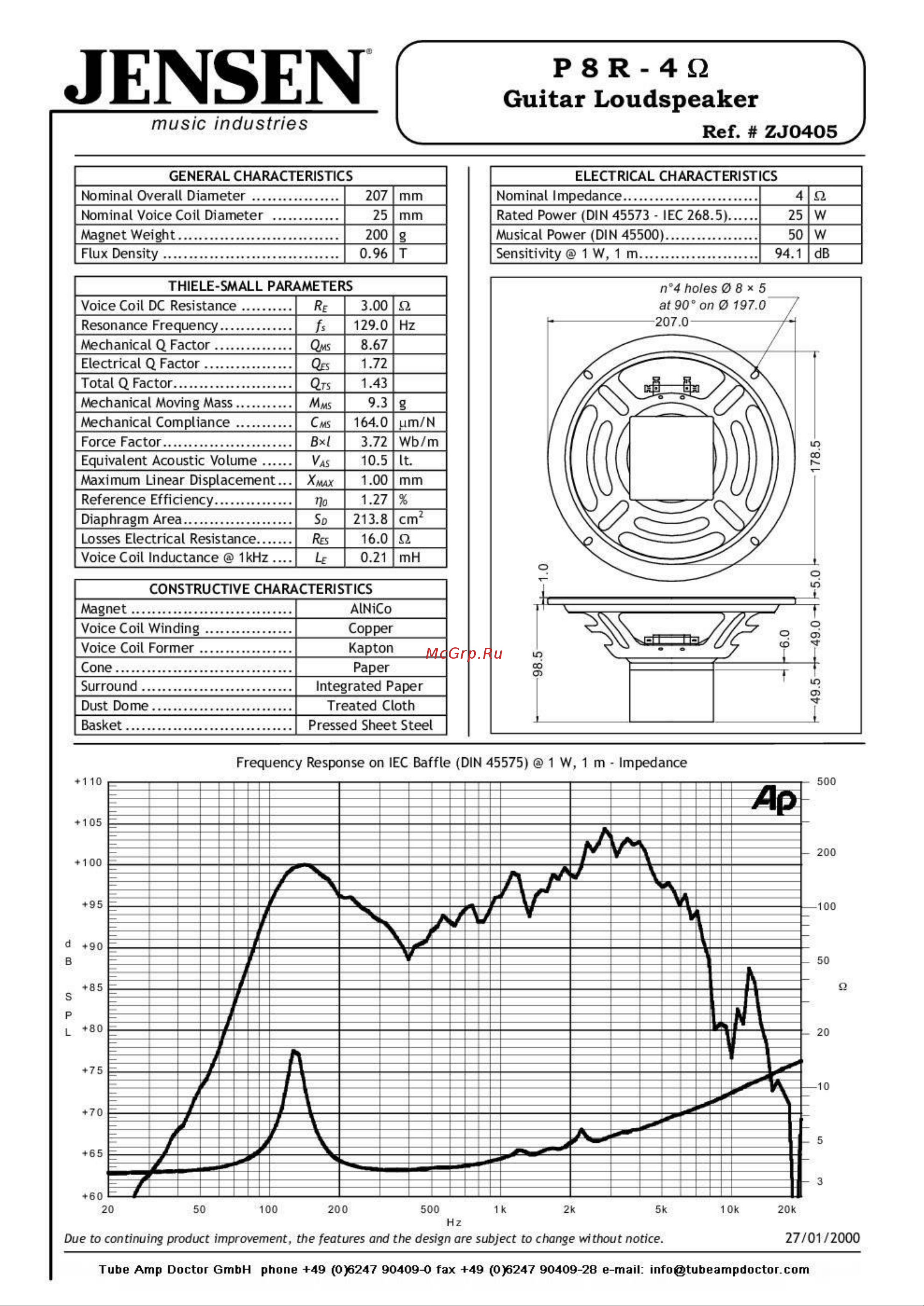 JENSEN LOUDSPEAKERS P8R (4 Ohm) Руководство по эксплуатации онлайн