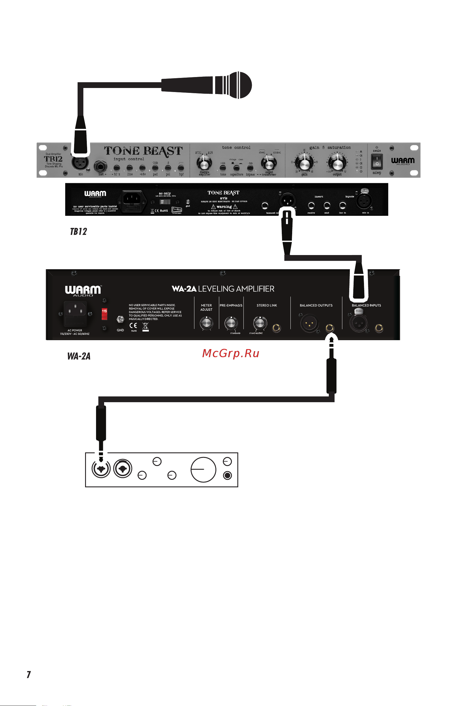 WARM AUDIO TB12 Tone Beast [8/12] В этом примере микрофон подключен к tb12 сигнал с которого поступает в wa 2a по симметричному xlr кабелю а оттуда на линейный вход вашей звуковой карты