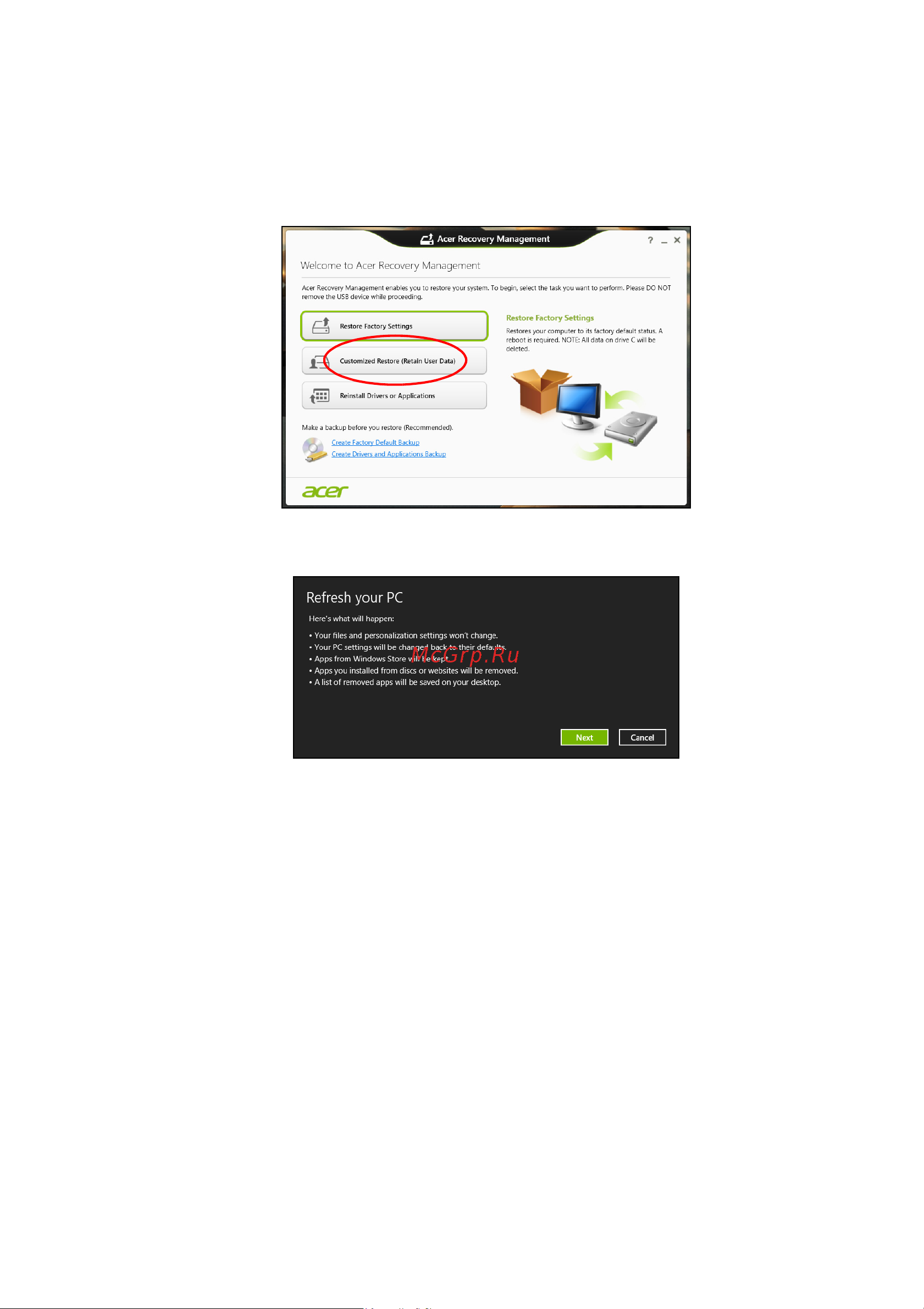 Acer NX.EEYER.008 [32/95] Восстановление из резервной копии для восстановления