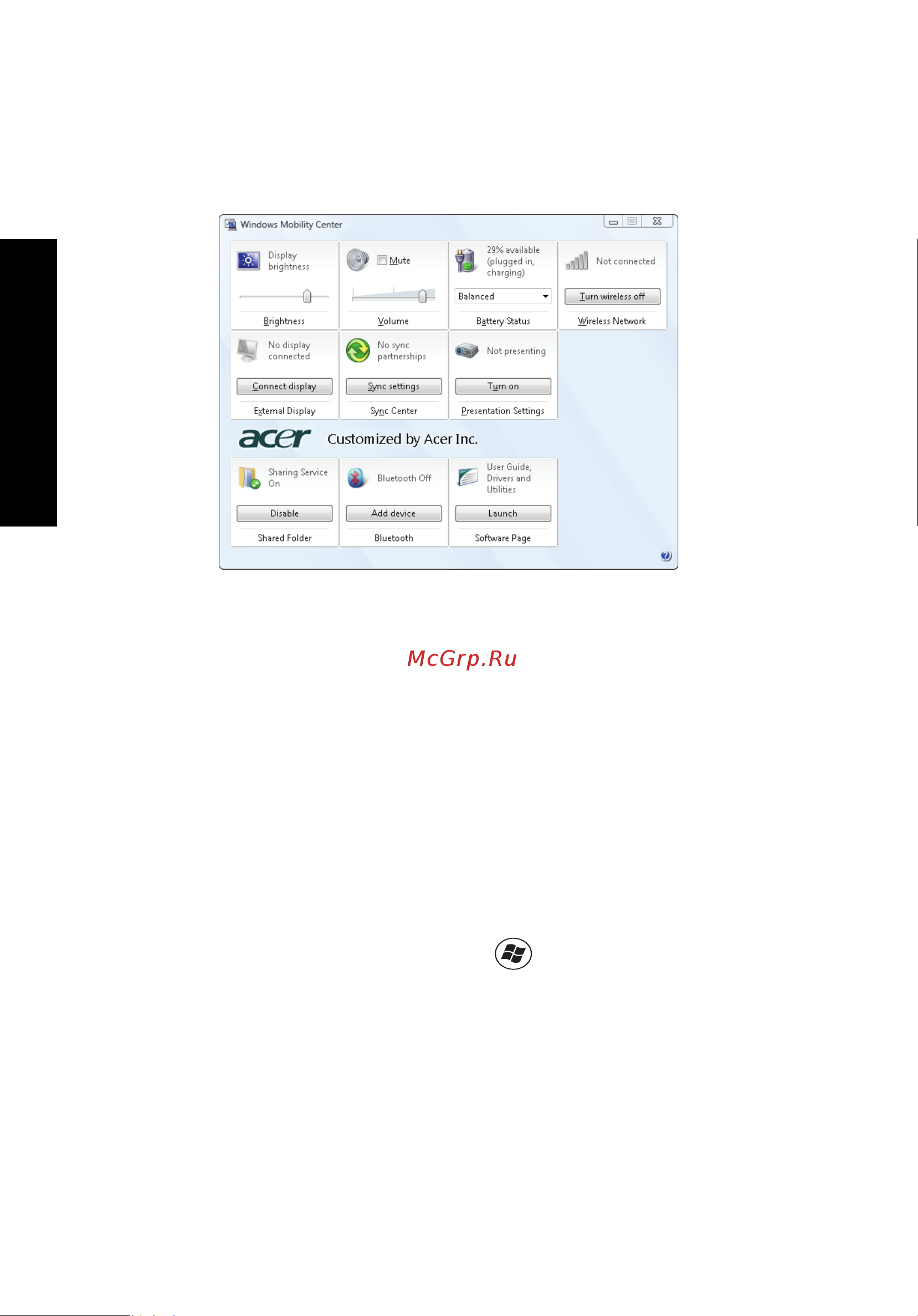 Acer Extensa 4620Z [36/102] Windows mobility center только для windows vista