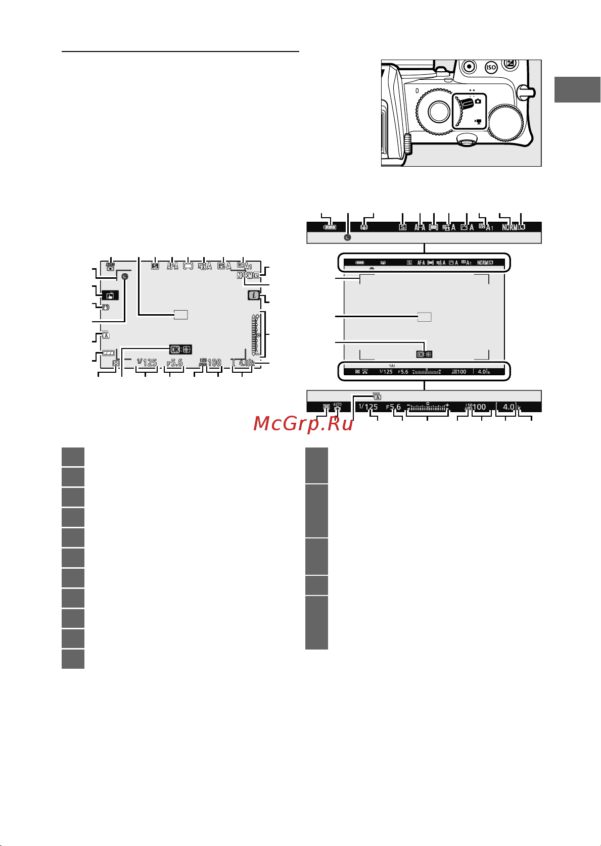 Nikon Z 50 Body Black [21/80] При настройках по умолчанию в режиме фотосъемки на мониторе и в видоискателе отображаются следующие индикаторы