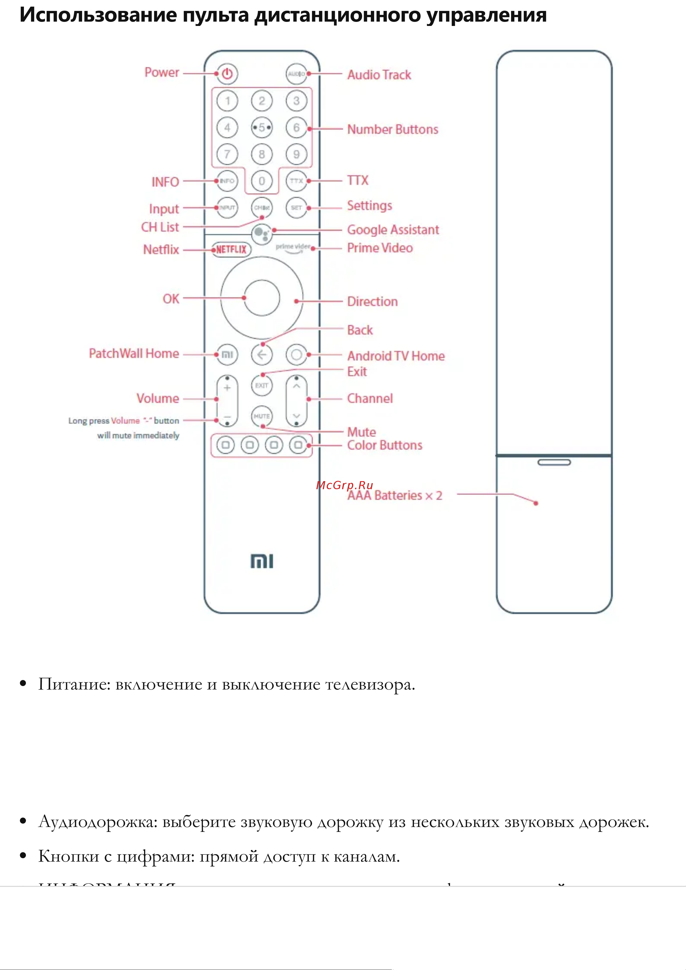 Xiaomi Mi P1 L43M6-6AEU [5/18] Использование пульта дистанционного управления