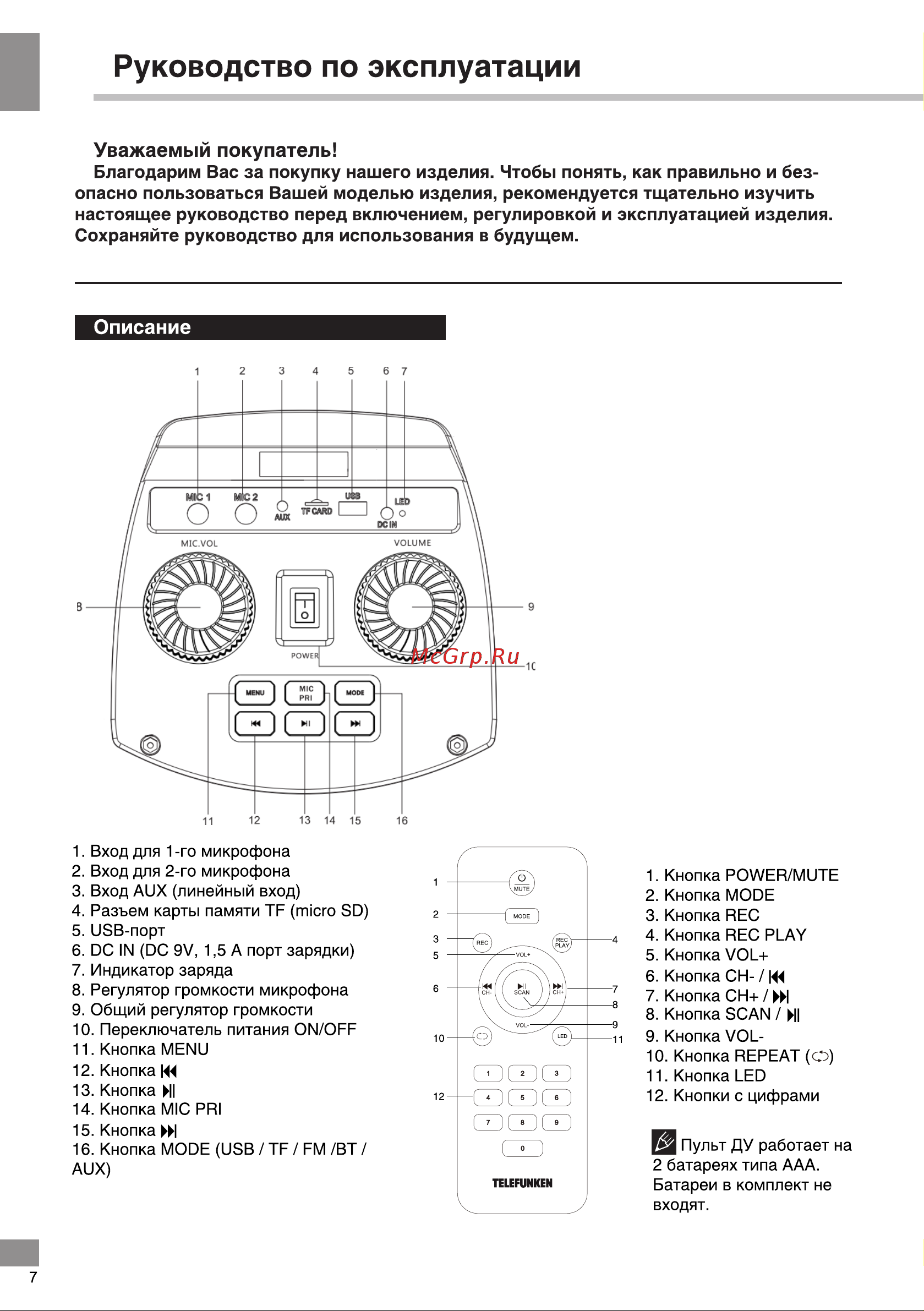 Telefunken TF-MS2211 Руководство по эксплуатации онлайн [8/18] 785045