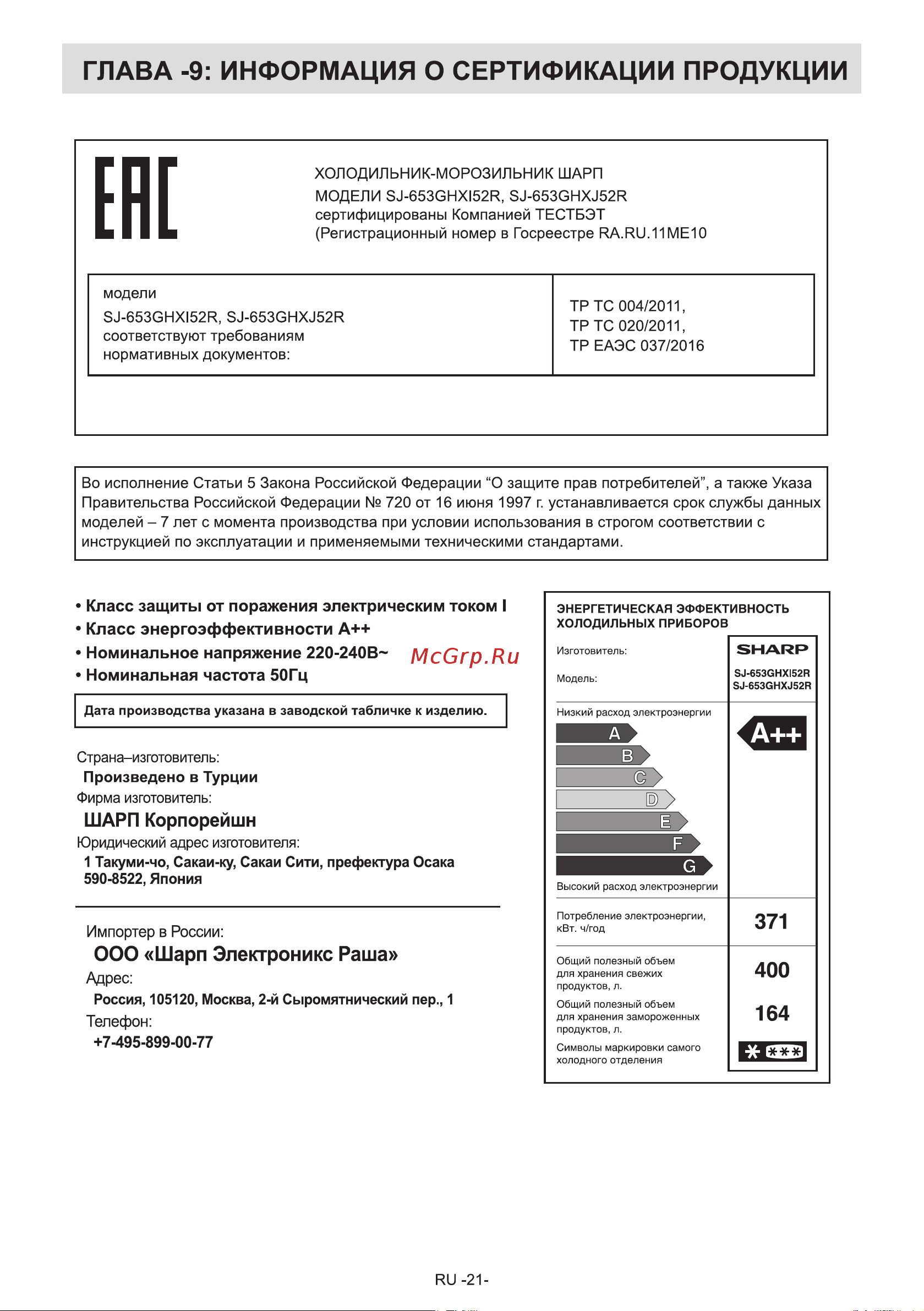Sharp SJ653GHXJ52R Руководство по эксплуатации онлайн [22/24] 785869