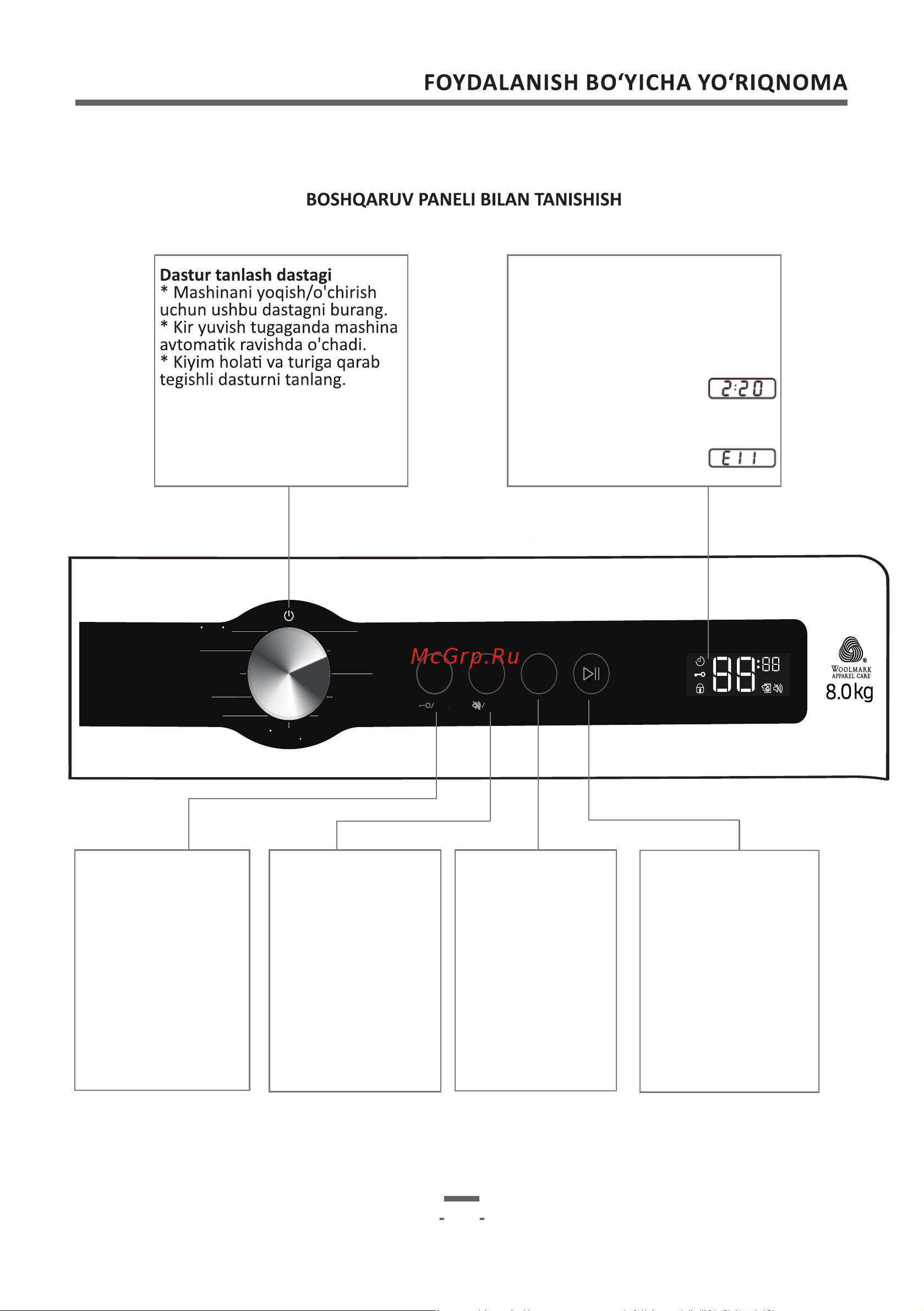 Artel WF80K237DS [10/49] Displey ekrani mashina yoqilganda displeyda belgilangan vaqt kir yuvish vaq aylanish tezligi va boshqalarni ko rsatadi ekranda ish tugashi vaq namoyish e ladi masalan 2 soat 20 minut qoldi xatolik yuz berganda ekranda xatolik kodi namoyish e ladi masalan suv tushmasligi
