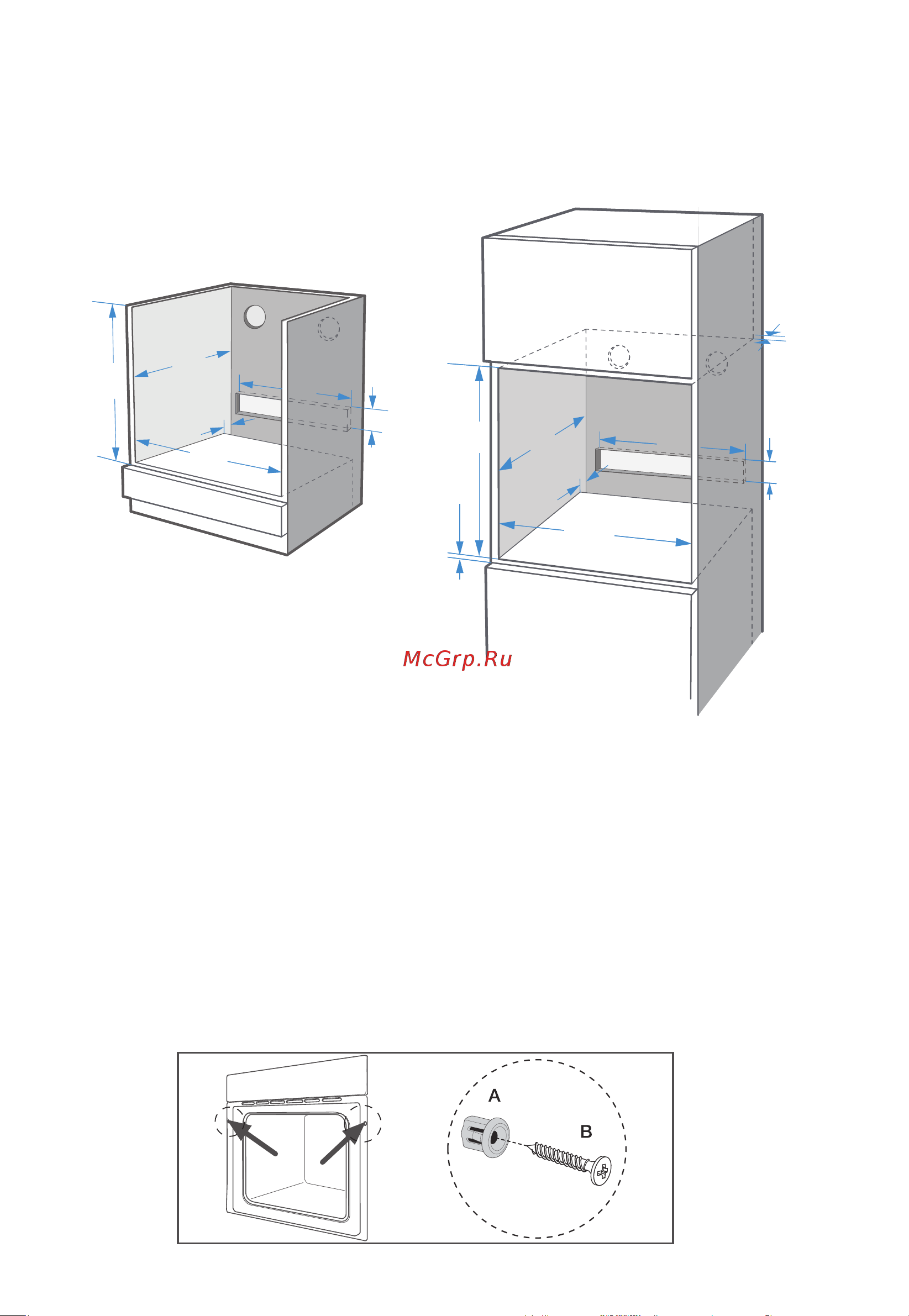 Midea MO96000MGB [27/32] Установите духовой шкаф в нишу 2 откройте дверцу духового шкафа и снимите резиновые заглушки с двух отверстий для винтов по бокам рамки духового шкафа 3 закрепите духовой шкаф в установочном шкафу с помощью двух винтов подходящих в отверстия в рамке