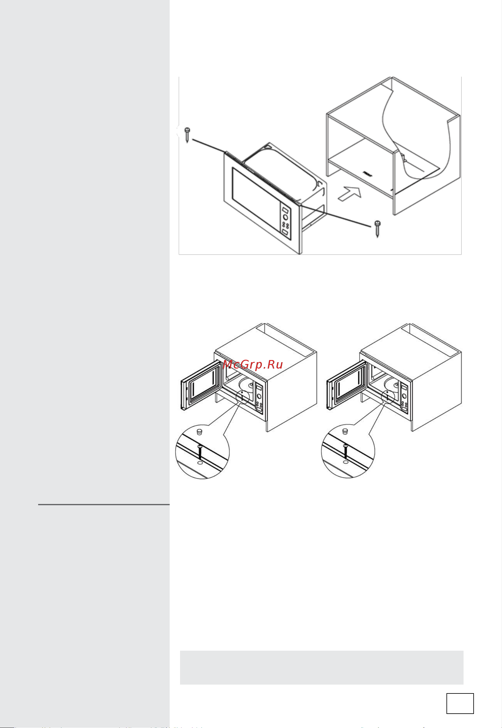 Gorenje BM235G1SYB [19/312] Postavite mikrovalovko v kuhinjski element namestite jo na sredino elementa vstavite vijake v pripravljene luknje na okvirju komponenta 1 v okvir mikrovalovke in privijačit...