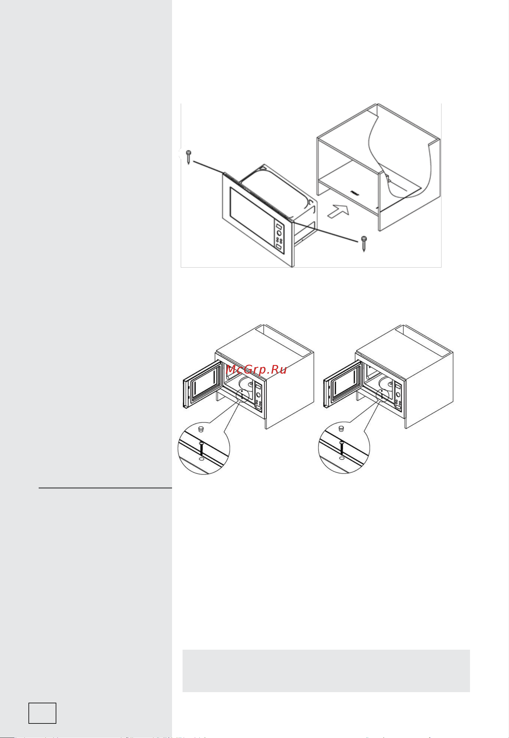 Gorenje BM235G1SYB [35/312] Stavite mikrovalnu u ormar držite mikrovalnu pećnicu u vodoravnom položaju udaljenost od obje bočne stijenke ormara mora biti jednaka umetnite vijke komponenta 1 u rupe na...