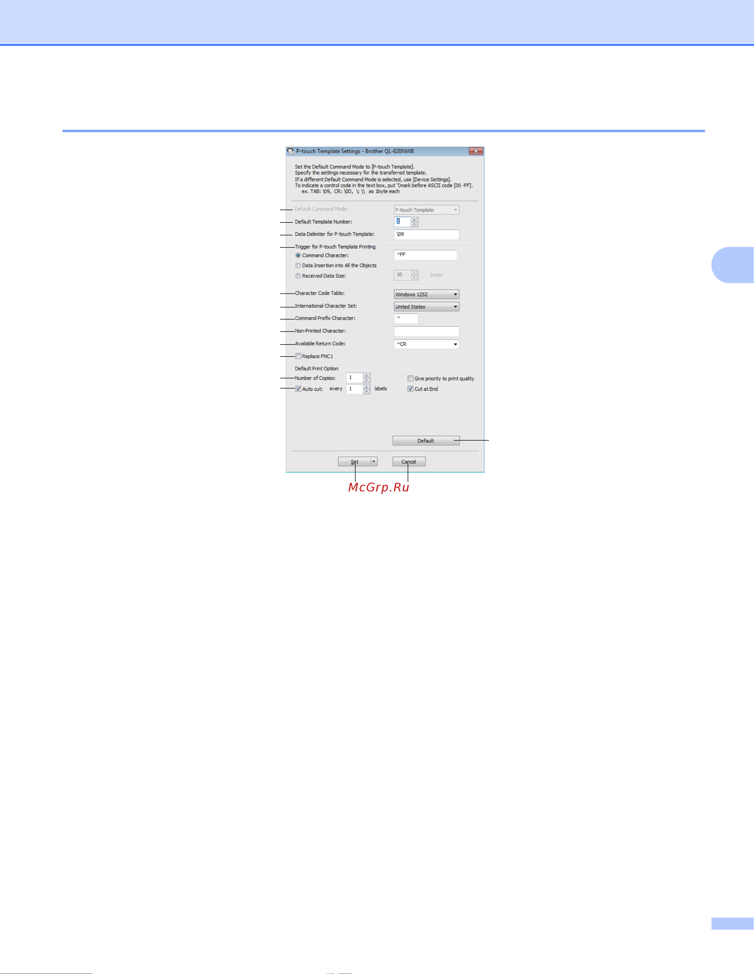 Brother QL-810W (QL810WUA1) [70/209] Диалоговое окно параметров p touch template