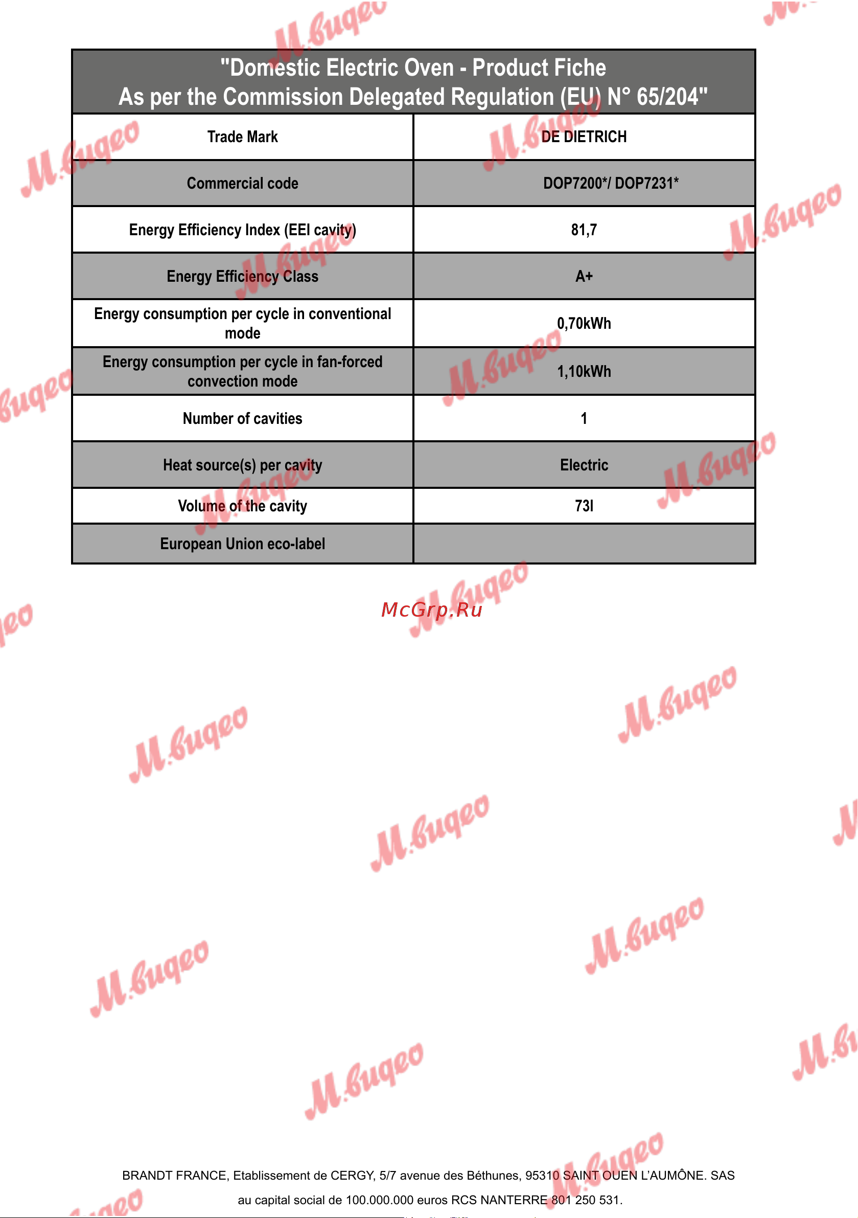 De Dietrich DOP7231A [153/329] Domestic electric oven product fiche as per the commission delegated regulation eu n 65 204