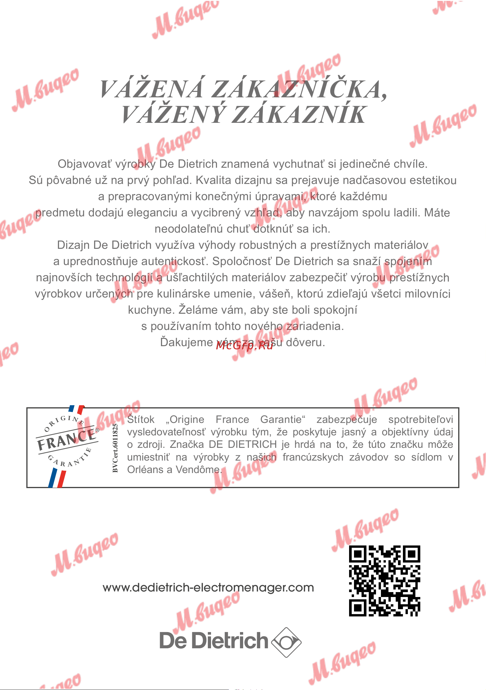 De Dietrich DOP7231A [305/329] Vážená zákazníčka vážený zákazník