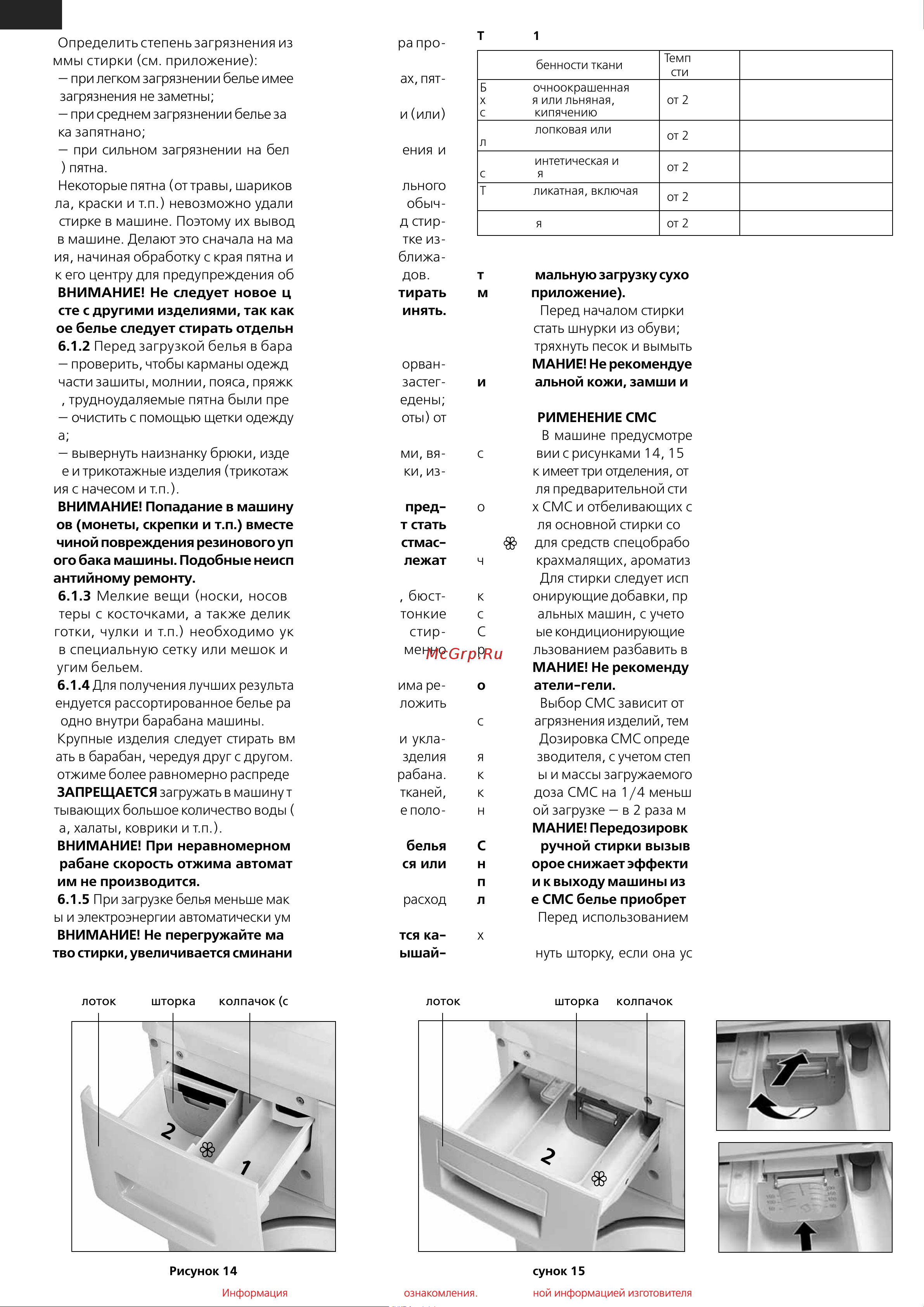 Атлант СМА-60 У 810 [6/68] Определить степень загрязнения изделий для выбора про граммы стирки см приложение при легком загрязнении белье имеет неприятный запах пят на и загрязнения не заметны при среднем загрязнении белье заметно загрязнено и или слегка запятнано при сильном загрязнении на белье видны загрязнения и или пятна некоторые пятна от травы шариковых ручек растительного масла краски и т п невозможно удалить с изделий при обыч ной стирке в машине поэтому их выводят вручную перед стир кой в машине делают это сначала на малозаметном участке из делия начиная обработку с края пятна и постепенно приближа ясь к его центру для предупреждения образования разводов внимание не следует новое цветное белье стирать вместе с другими изделиями так как оно может полинять белое белье следует стирать отдельно 6 перед загрузкой белья в барабан следует проверить чтобы карманы одежды были пусты разорван ные части зашиты молнии пояса пряжки и крючки были застег нуты трудноудаляемые пятна были предварительно выведены очистить