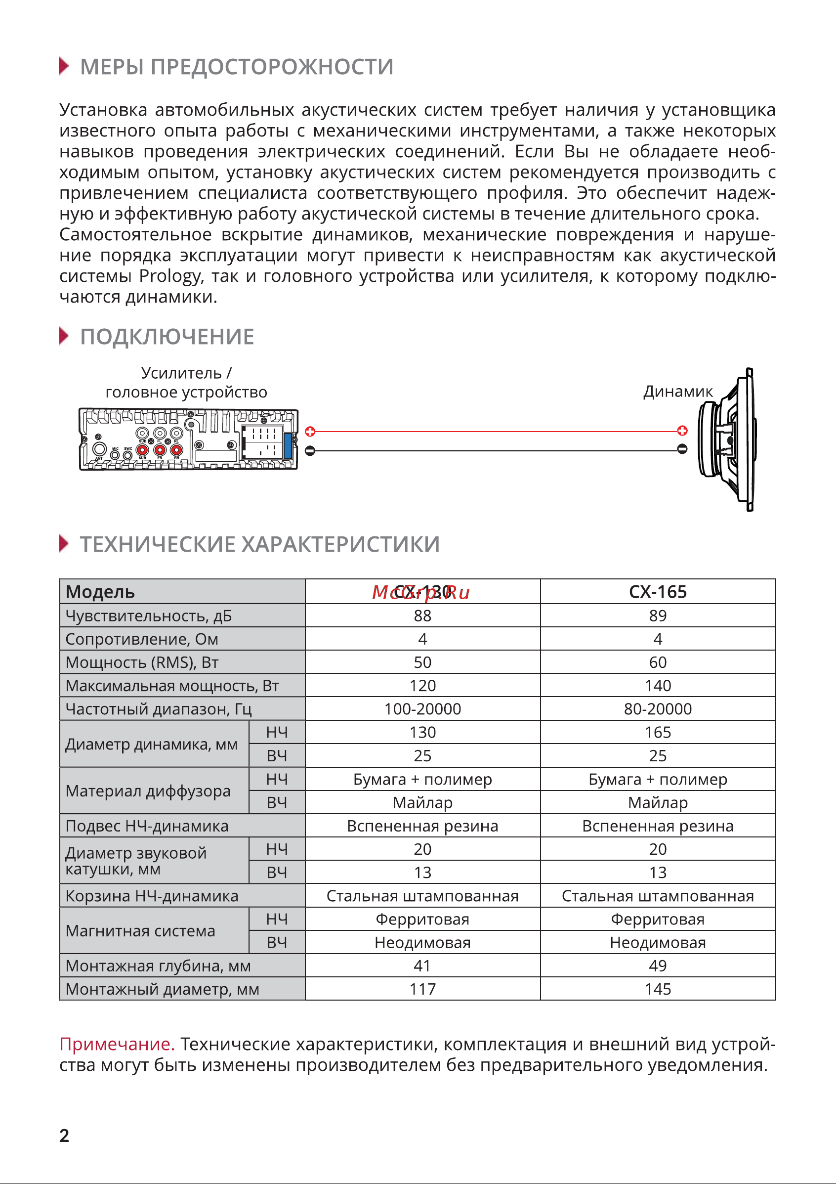 Prology CX-130 Руководство по эксплуатации онлайн [2/4] 796885