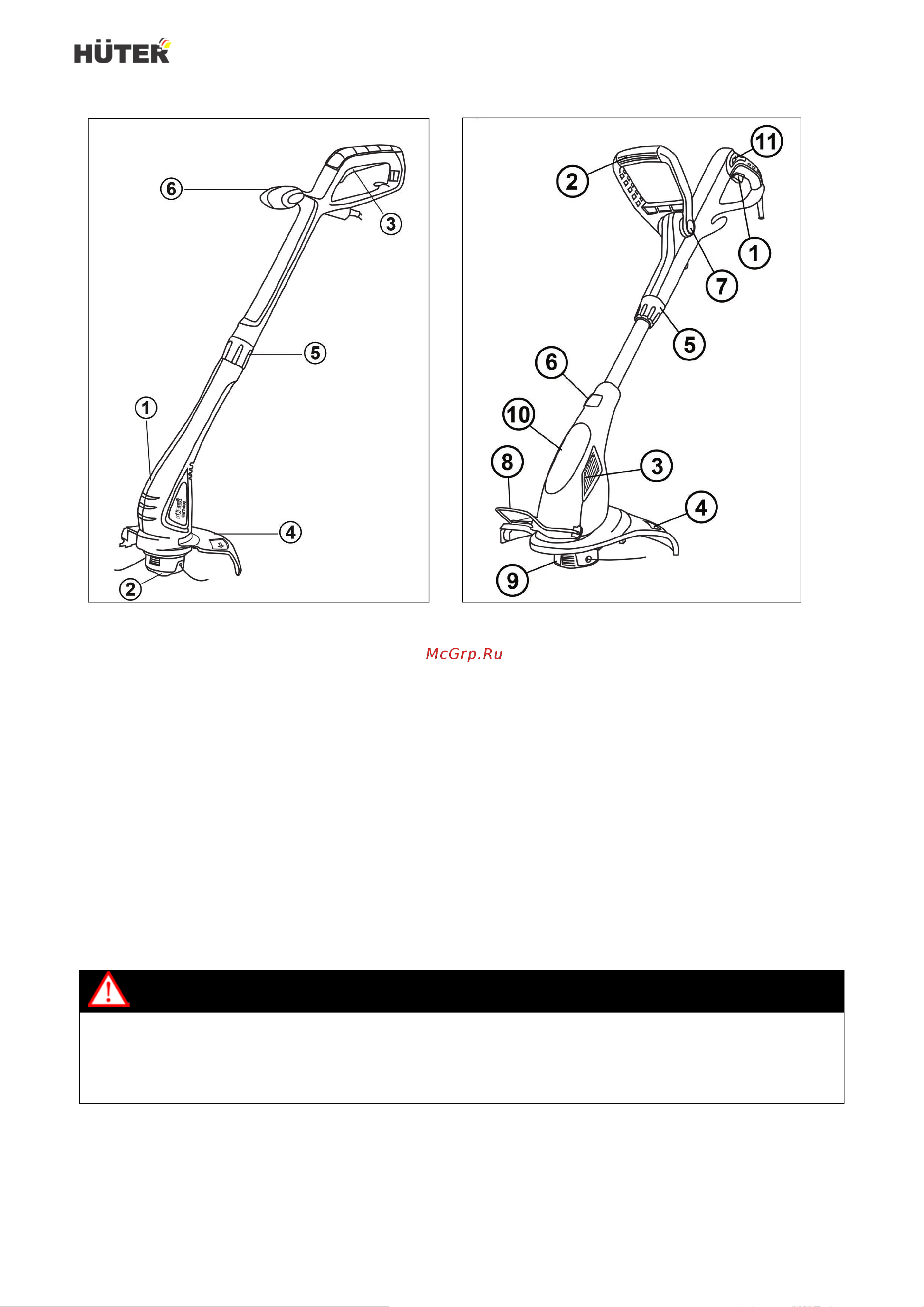 Huter GET-600 70/1/5 [10/24] Двигатель 2 головка с леской 3 кнопка включения 4 кожух защитный 5 соединение частей штанги 6 рукоятка
