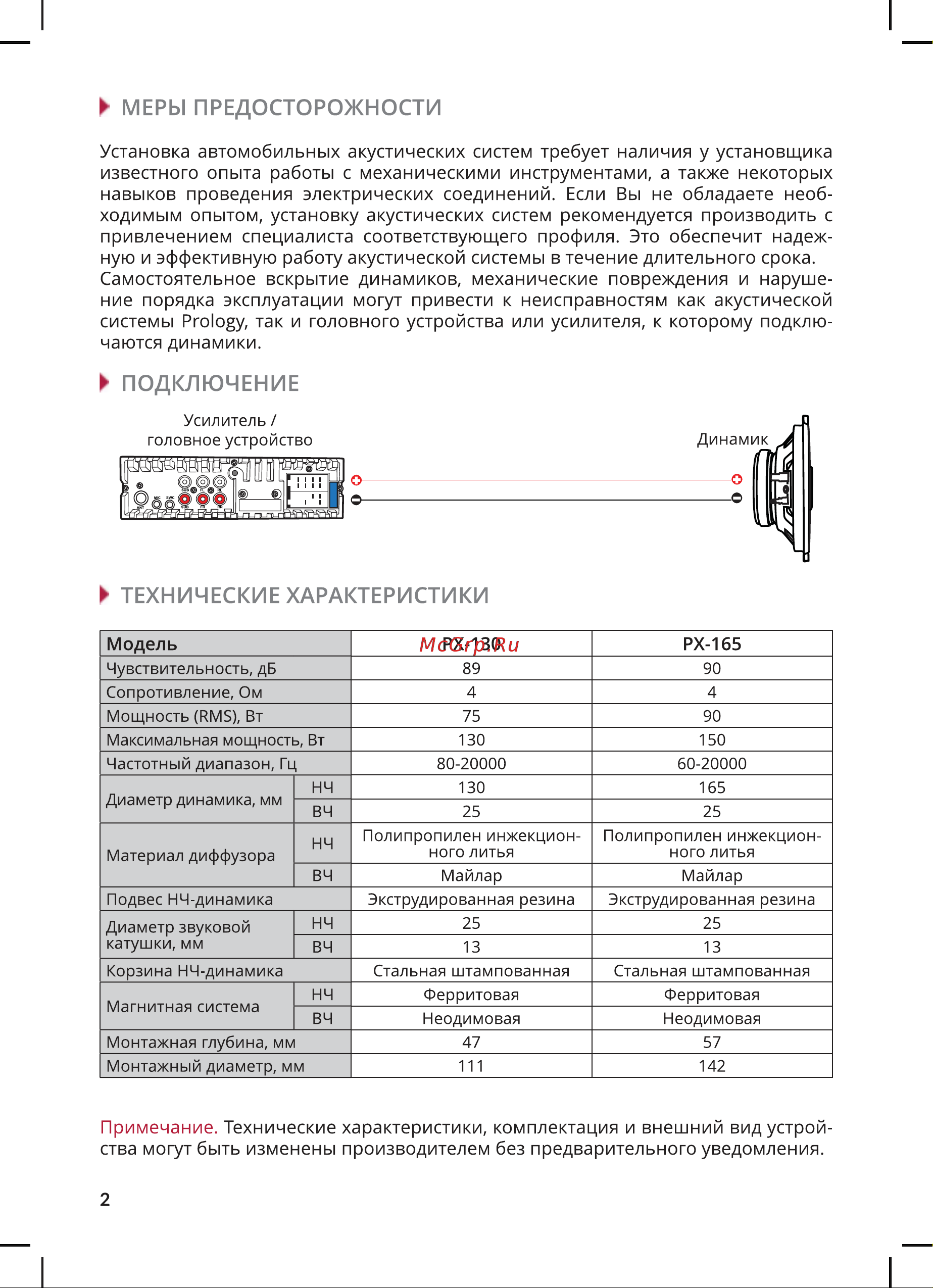 Prology PX-165 Руководство по эксплуатации онлайн [2/4] 798131