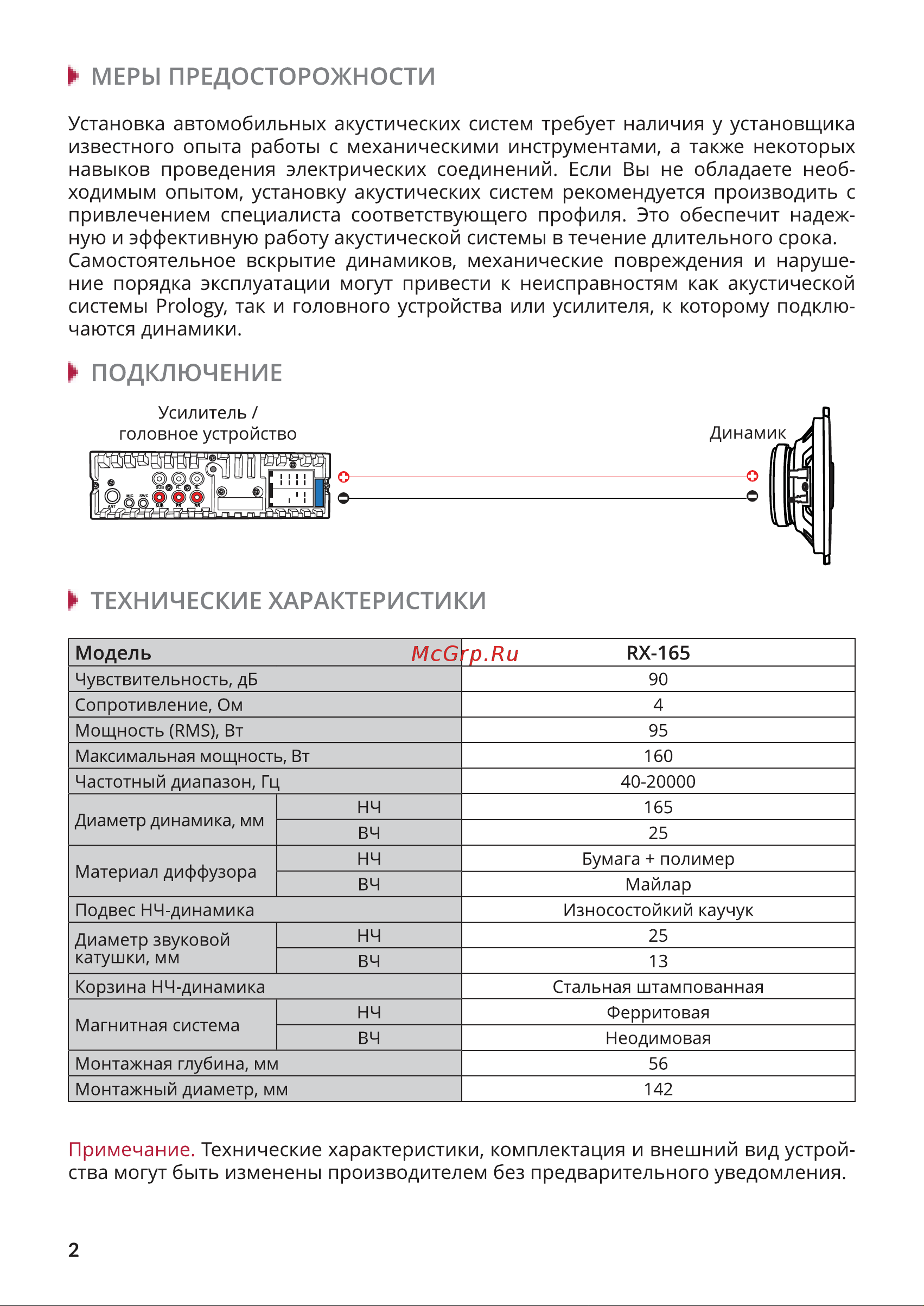 Prology RX-165 Руководство по эксплуатации онлайн [2/4] 798247