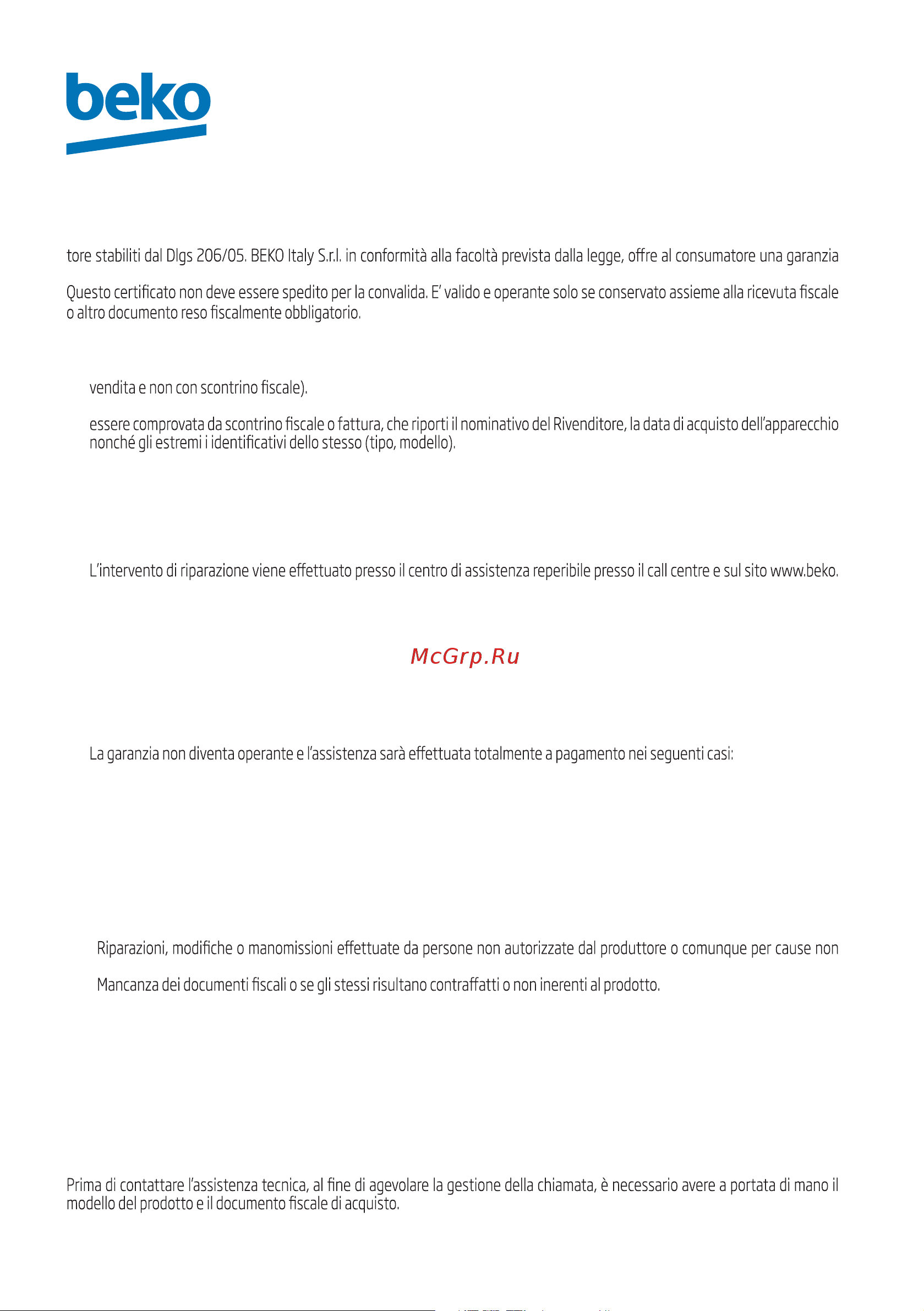 Beko BMGB 25333 X [86/449] Certificato di garanzia