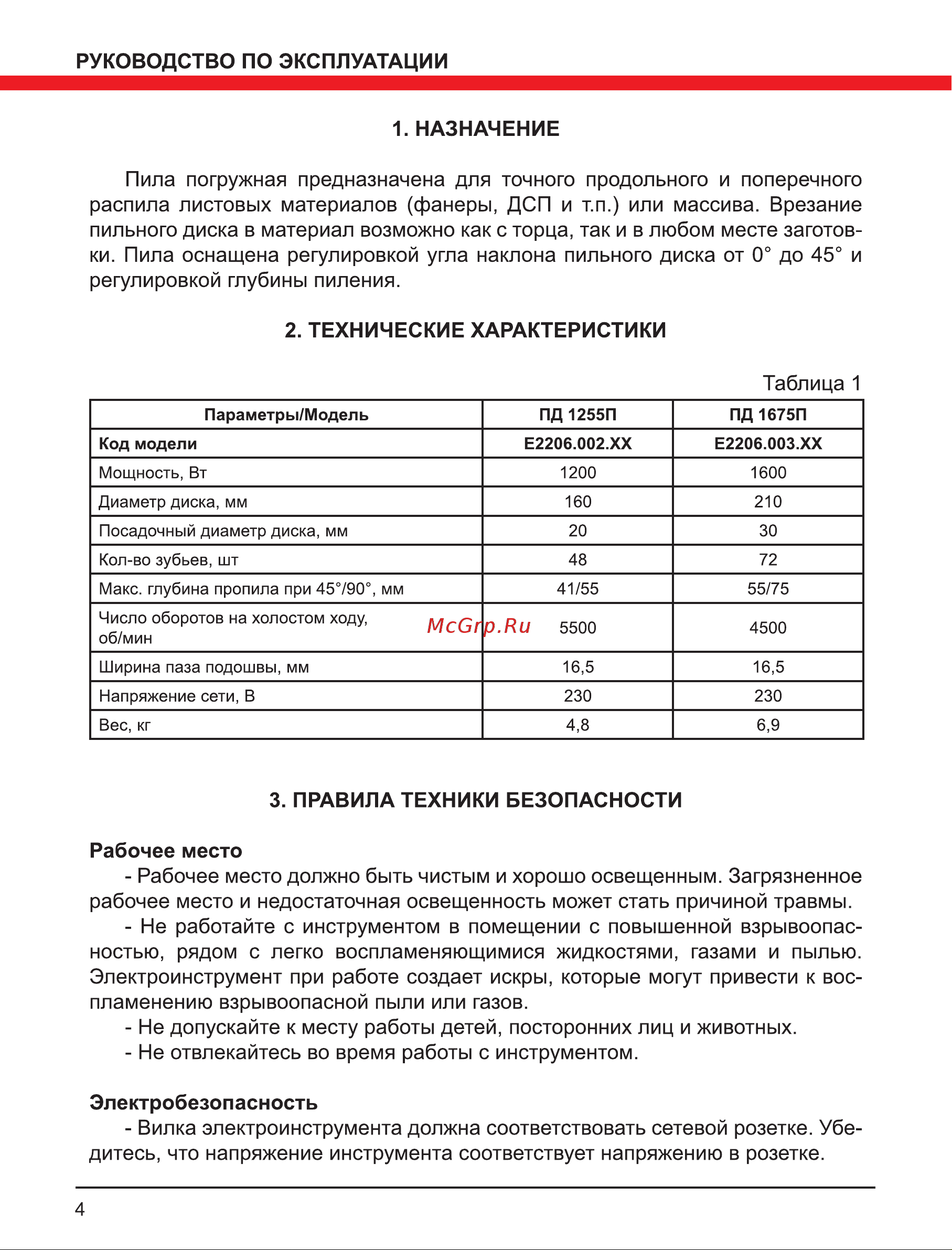 Elitech ПД 1255П (E2206.002.02) Руководство по эксплуатации онлайн [4/16] 800748