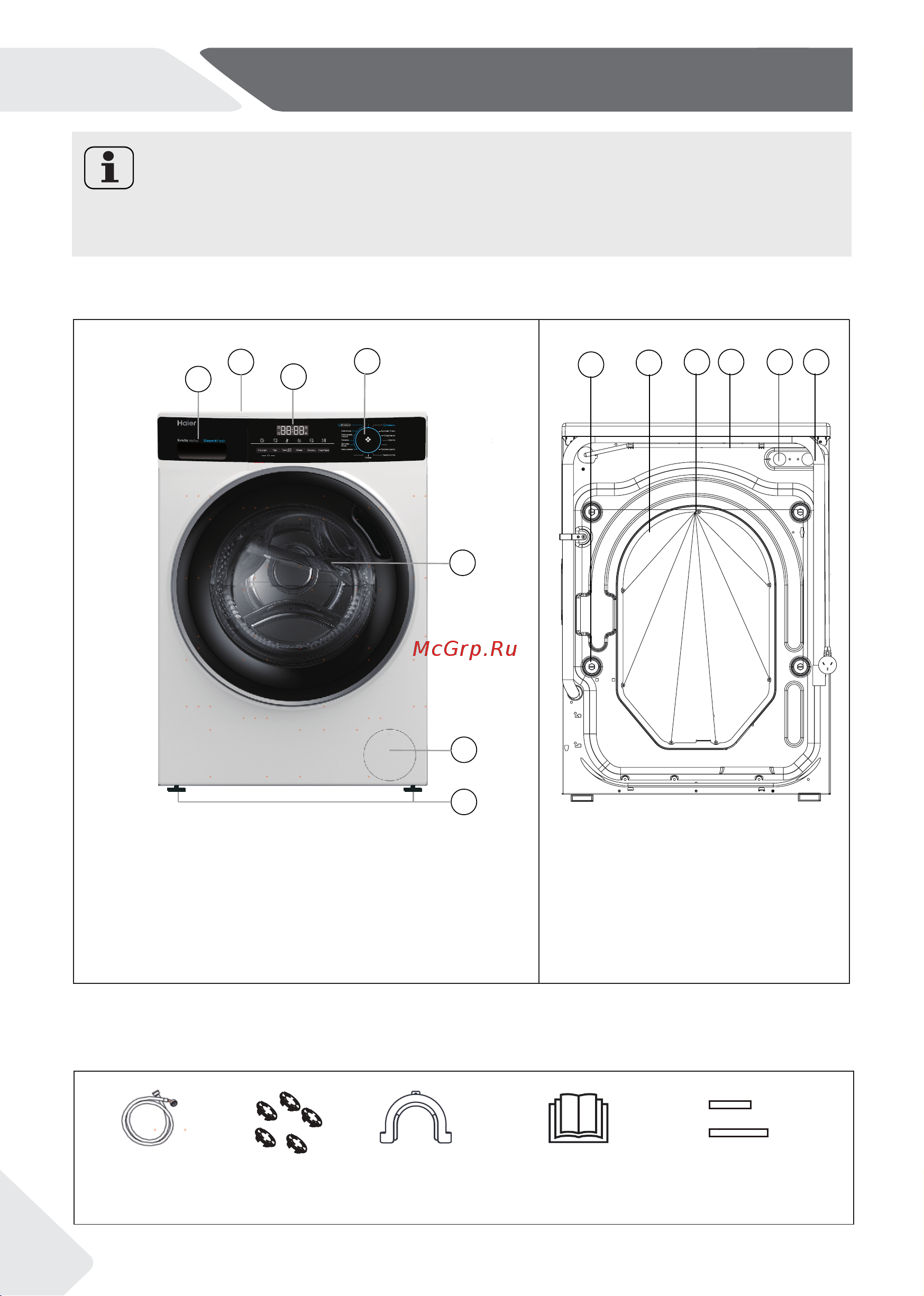 Haier HW90-BP14929A [8/68] Контейнер для моющих средств и кондиционера 2 рабочая поверхность 3 переключатель программ