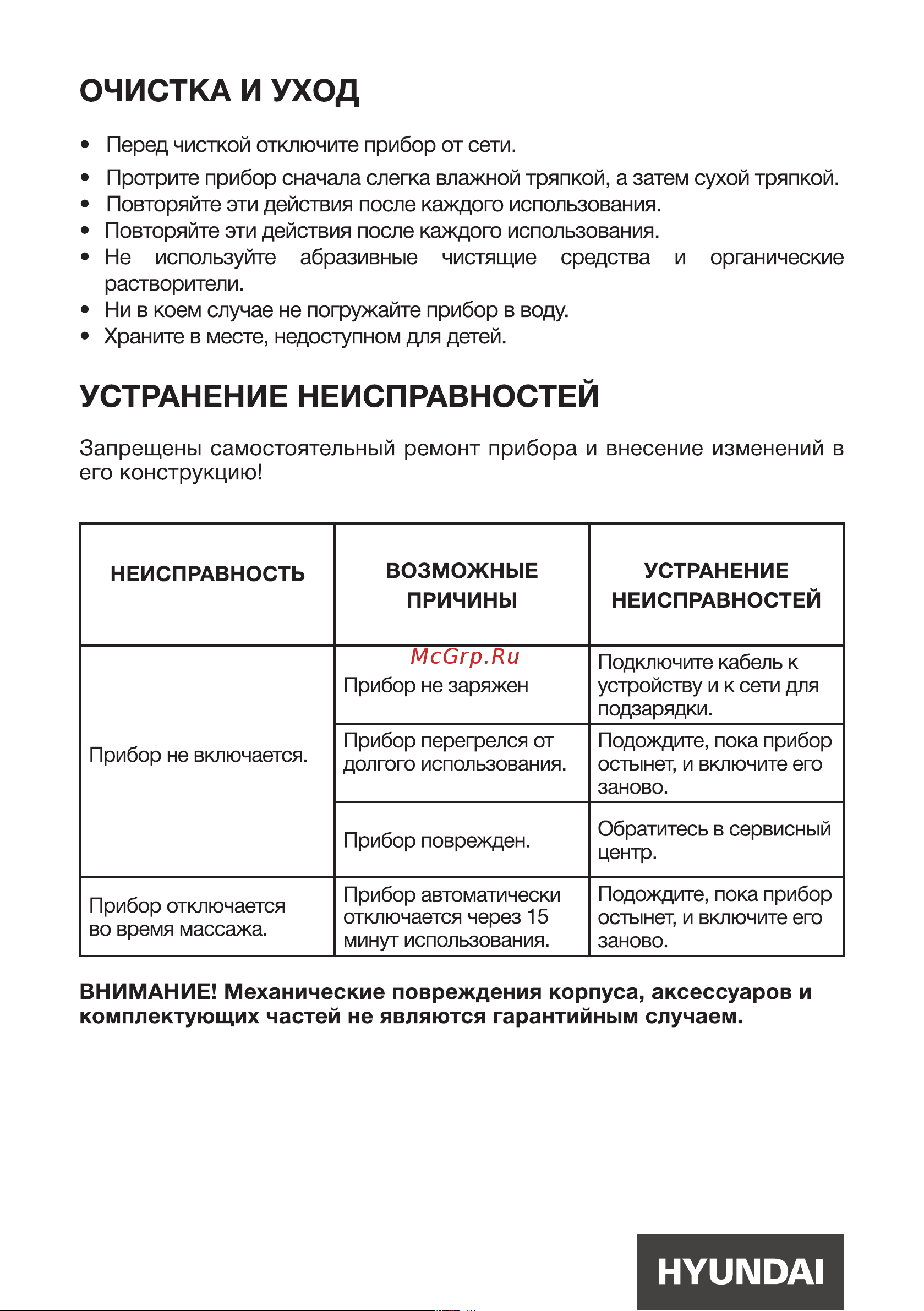 Hyundai H-MG900 [10/16] Внимание механические повреждения корпуса аксессуаров и комплектующих частей не являются гарантийным случаем