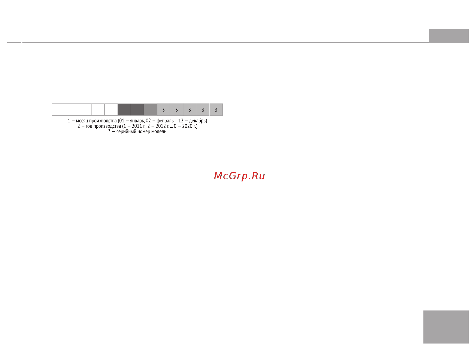 RED Solution RK-M158 [11/24] Дату изготовления прибора можно найти в серийном номере расположенном на идентификационной наклейке на корпусе изделия серийный номер состоит из 13 знаков 6 й и 7 й знаки обозначают месяц 8 й год выпуска устройства