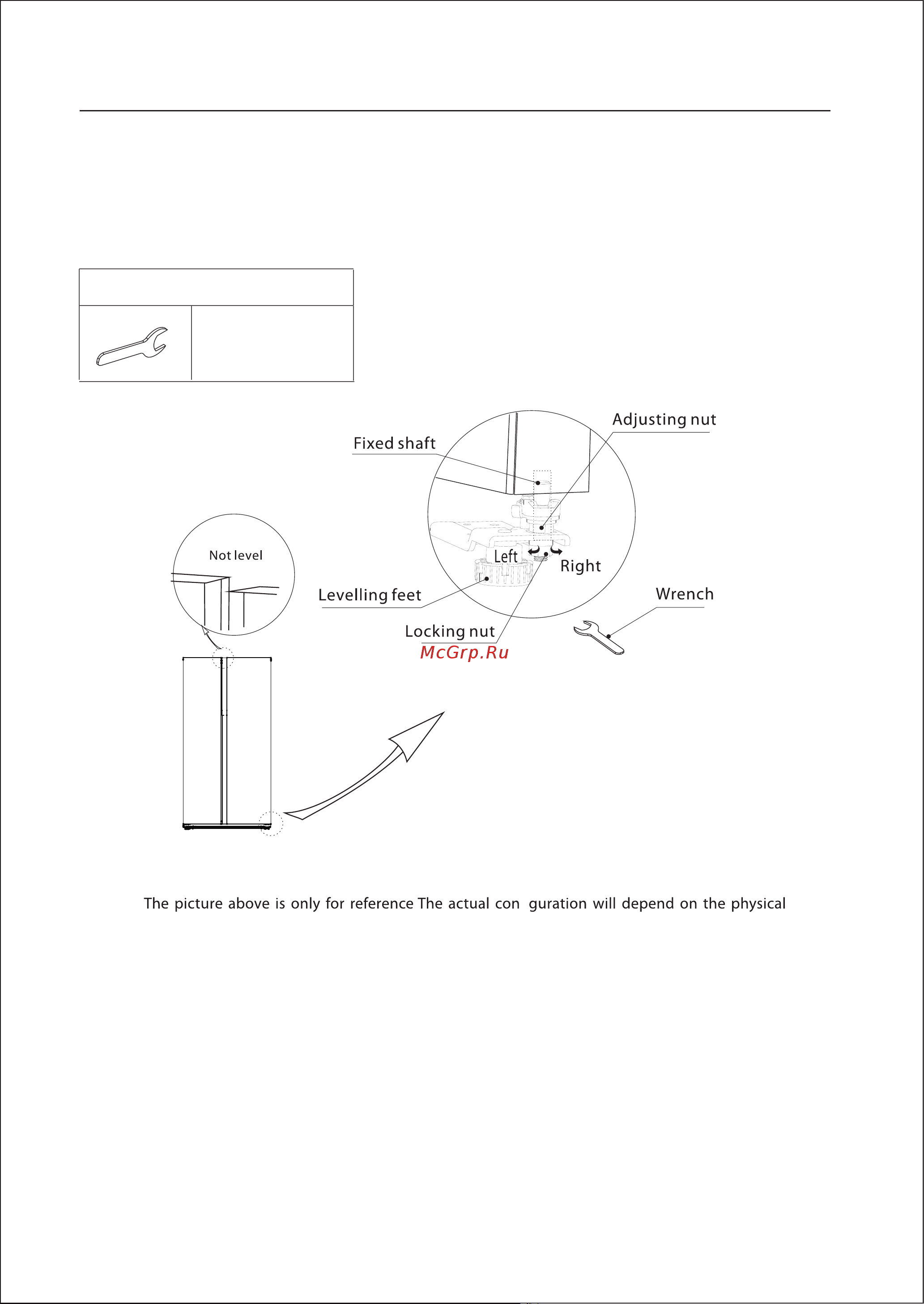 Toshiba GR-RS780WI-PMJ(05) [16/187] Adjusting procedures 1 when the fridge door is low open the door use a wrench to loosen the locking nut and to rotate the adjusting unt anti clockwise to raise the height of the door once the doors are aligned then tighten the locking nut by rotating it anti clockwise 2 when the fridge door is high open the door use a wrench to rotate the adjusting nut clockwise to lower the height of the door once the doors are aligned then tighten the locking nut by rotating it anti clockwise