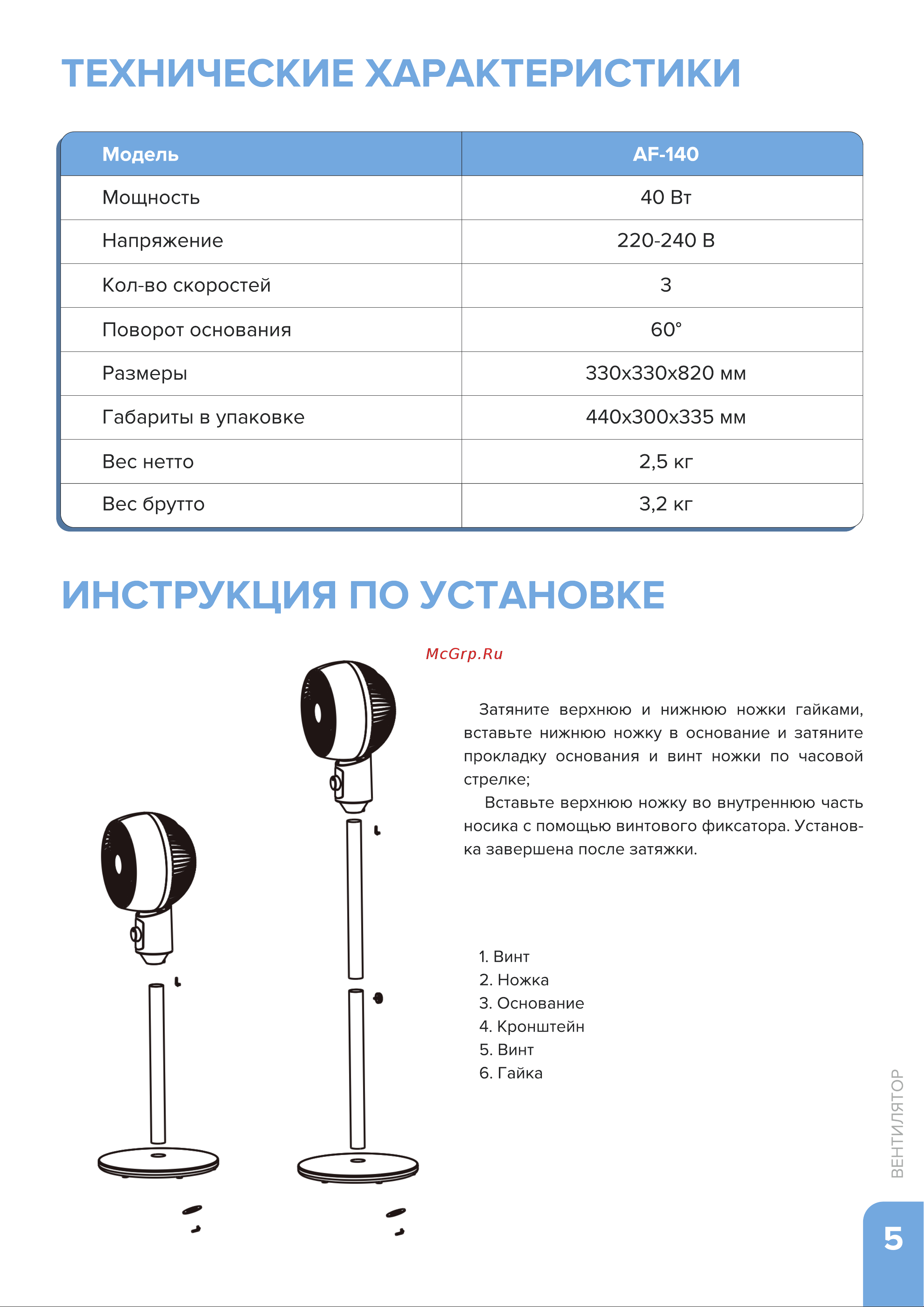 Libhof AF-140 Инструкция по эксплуатации онлайн [5/12] 811005