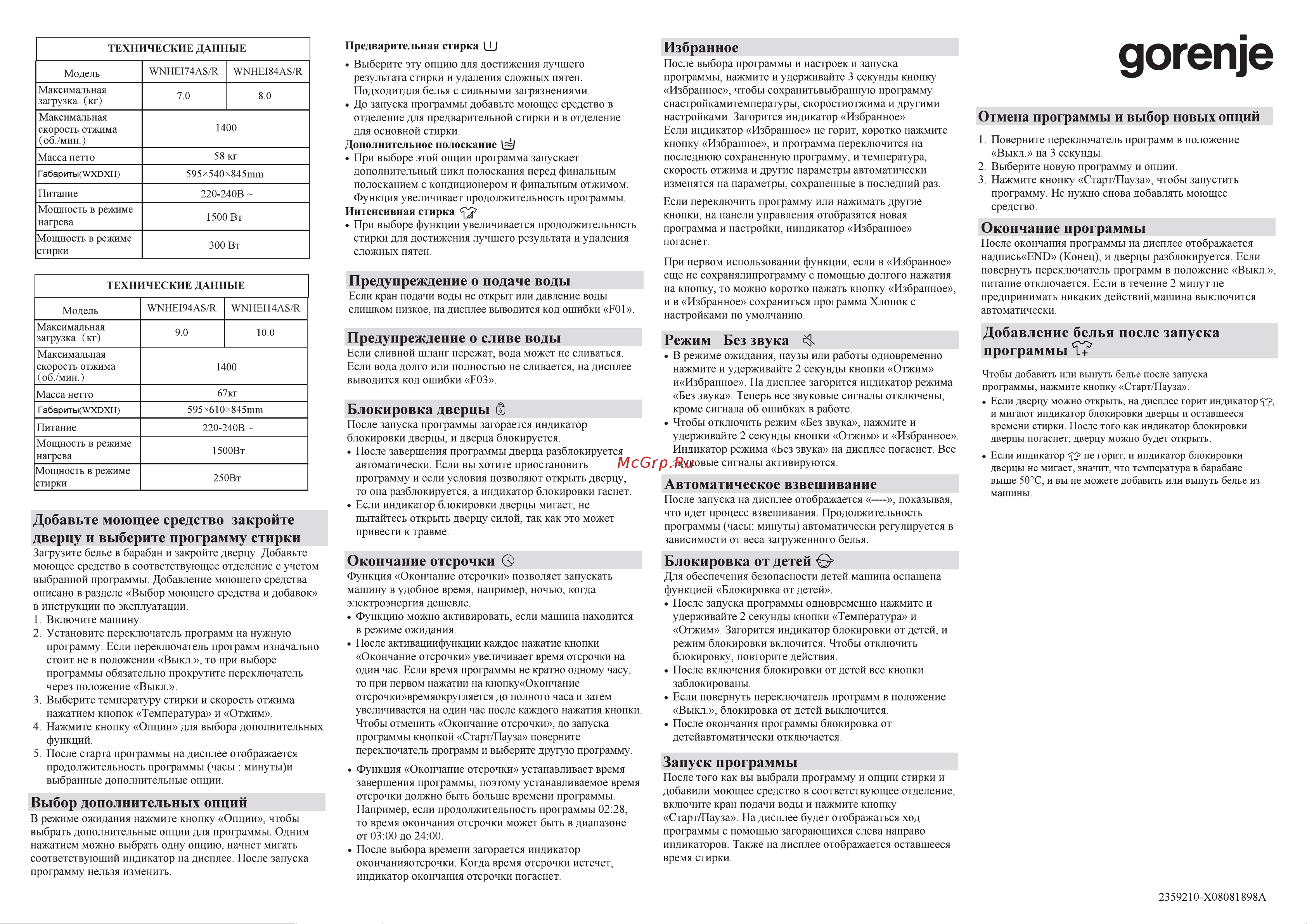 Gorenje WNHEI84AS/R Краткая инструкция по эксплуатации онлайн [2/2] 812117