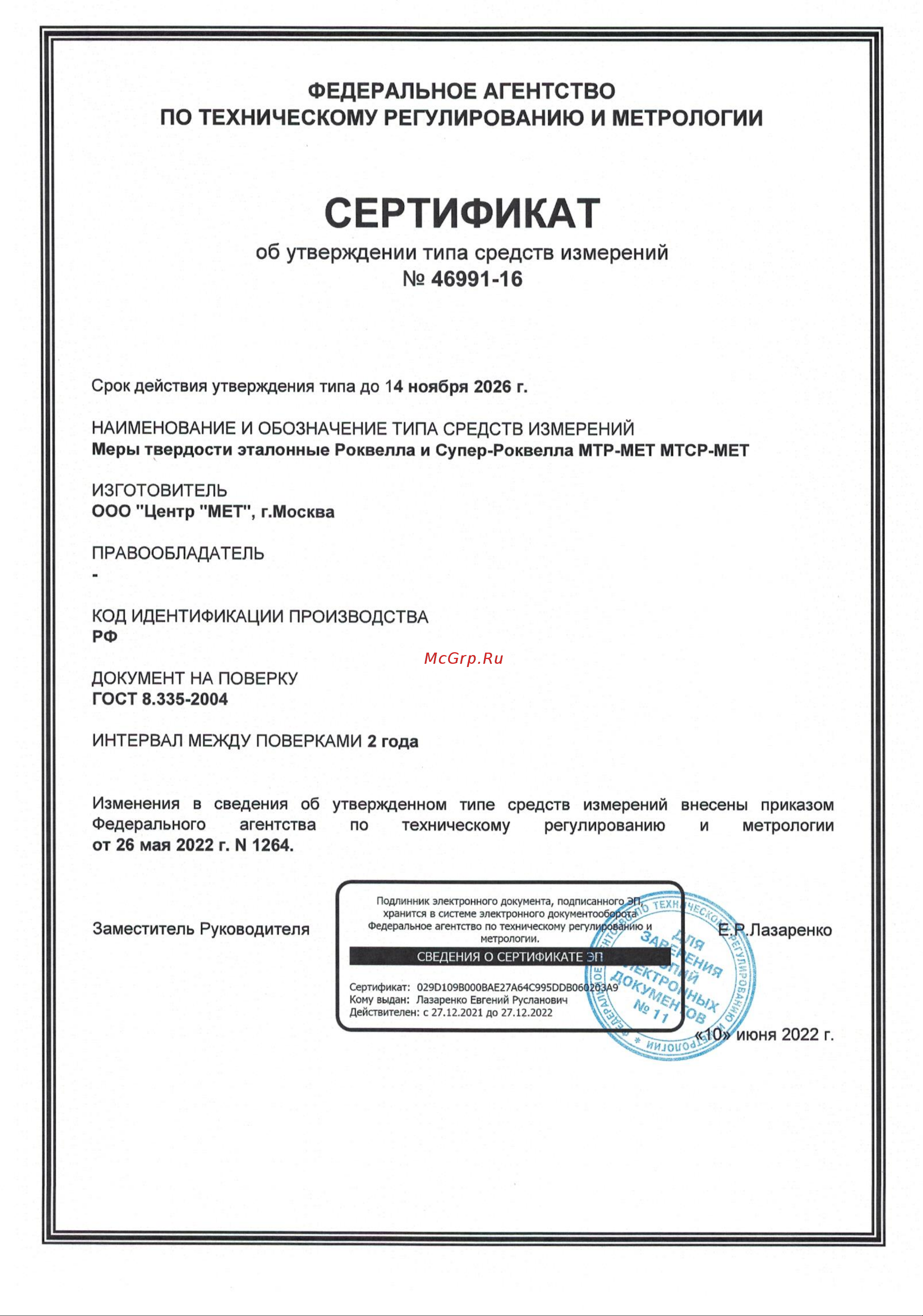 MET МТР-МЕТ 65±5 HRC 2 разряда 03-00000121 Сертификат описания типа онлайн