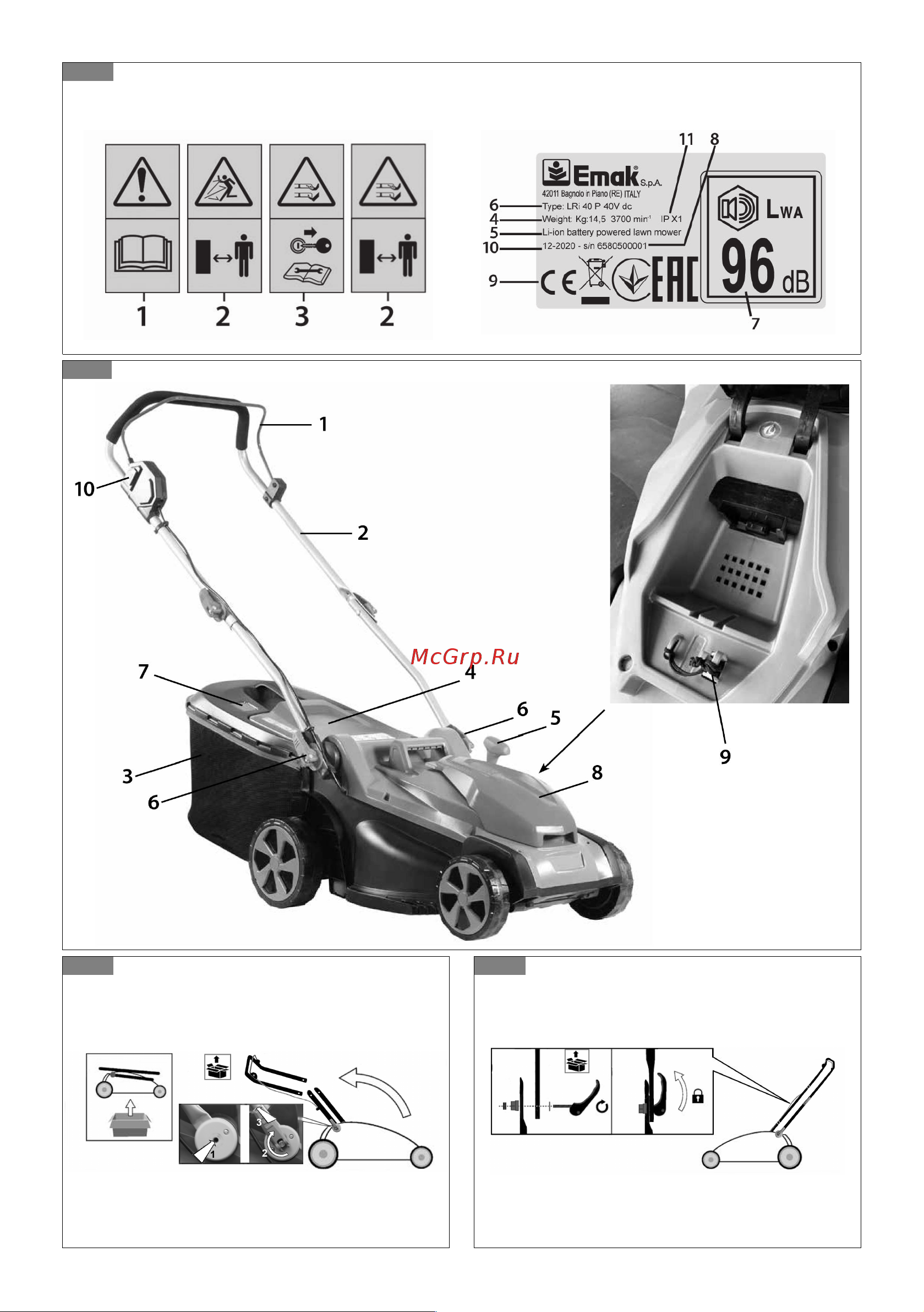 Oleo-Mac 40V GI 40 P несамоходная с аккумулятором и зарядным устройством 5414-9001S1 Инструкция к газонокосилке онлайн [2/274] 867939