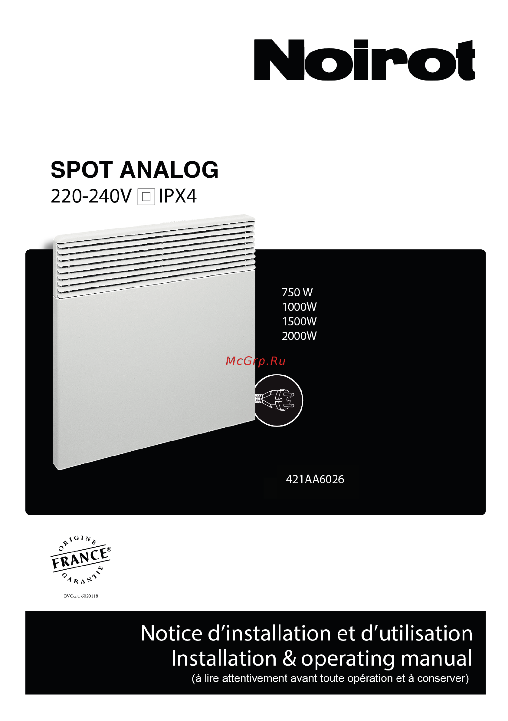 Noirot SPOT ANALOG, 2000W EX73587ARER 64950514 Инструкция по эксплуатации онлайн