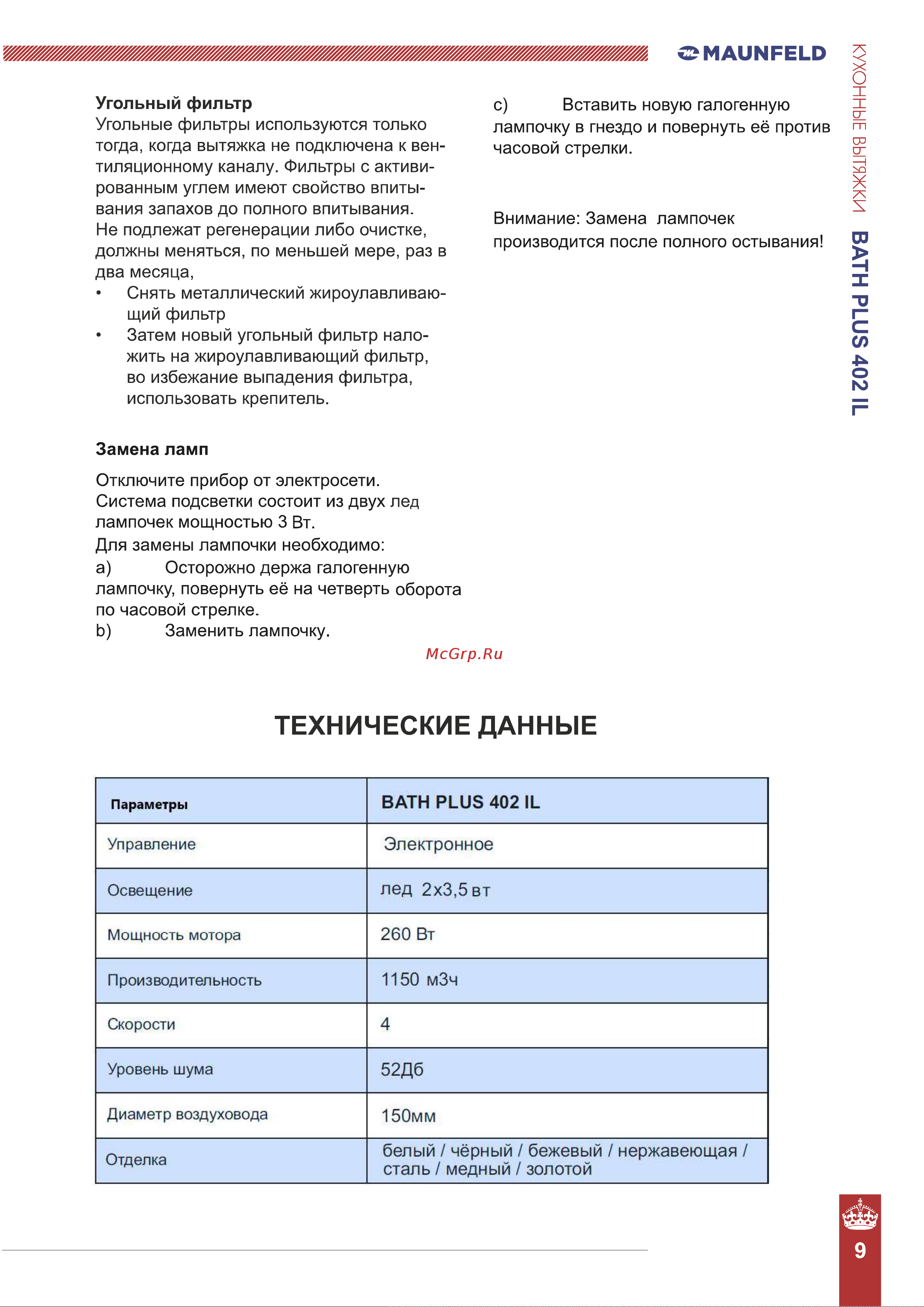 Maunfeld Кухонная вытяжка Bath Plus 402IL золотой Инструкция к MAUNFELD Bath Plus 402IL белый онлайн [9/11] 818073