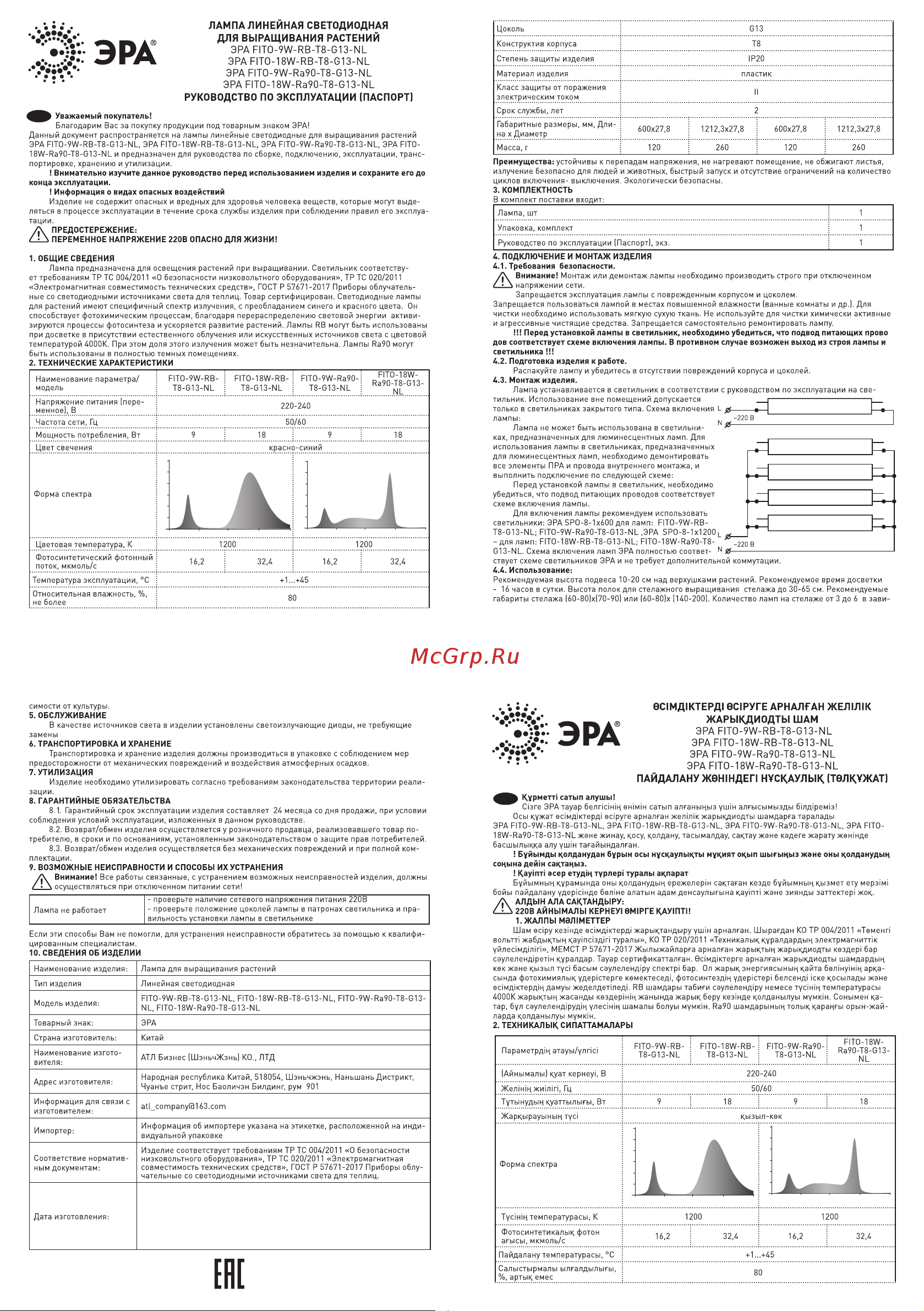 Era красносинего спектра FITO-18W-RB-Т8-G13-NL 18 Вт Т8 G13 Б0042990 Руководство по эксплуатации онлайн