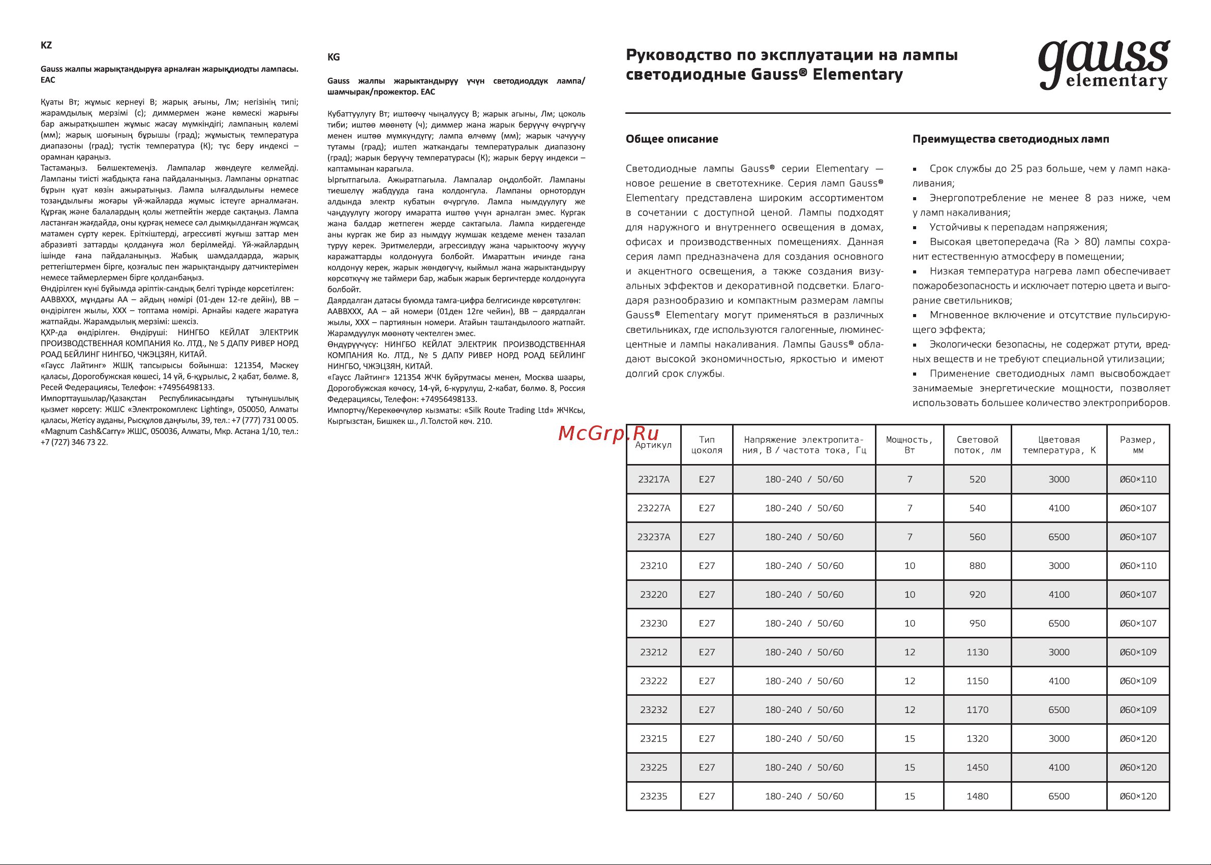 Gauss LED Elementary A60 12W E27 4100K SQ 23222 Паспорт онлайн
