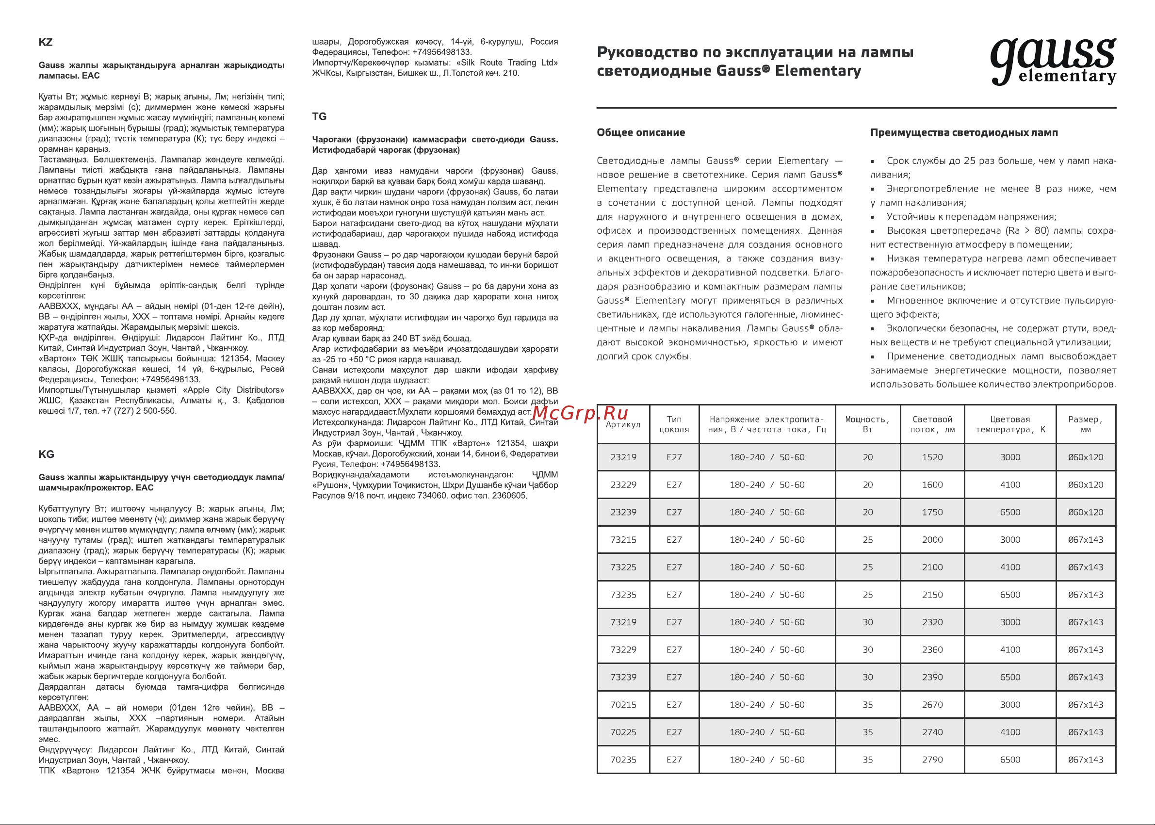Gauss Elementary A60 20W 1600lm 4100K E27 LED 1/10/50 23229 паспорт онлайн
