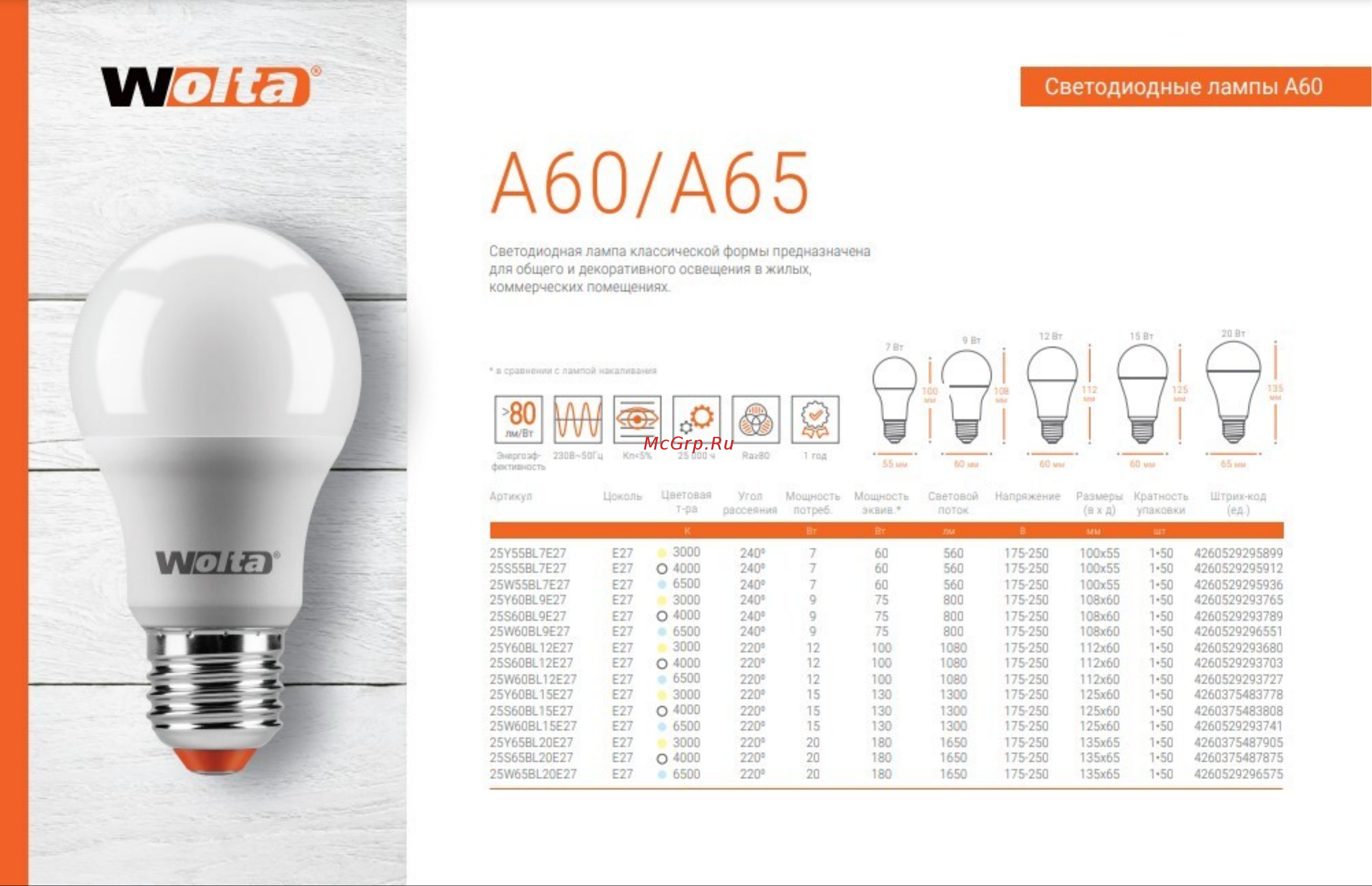 Wolta LED груша, A60, 4000K дневной свет 25S65BL20E27 Презентация онлайн