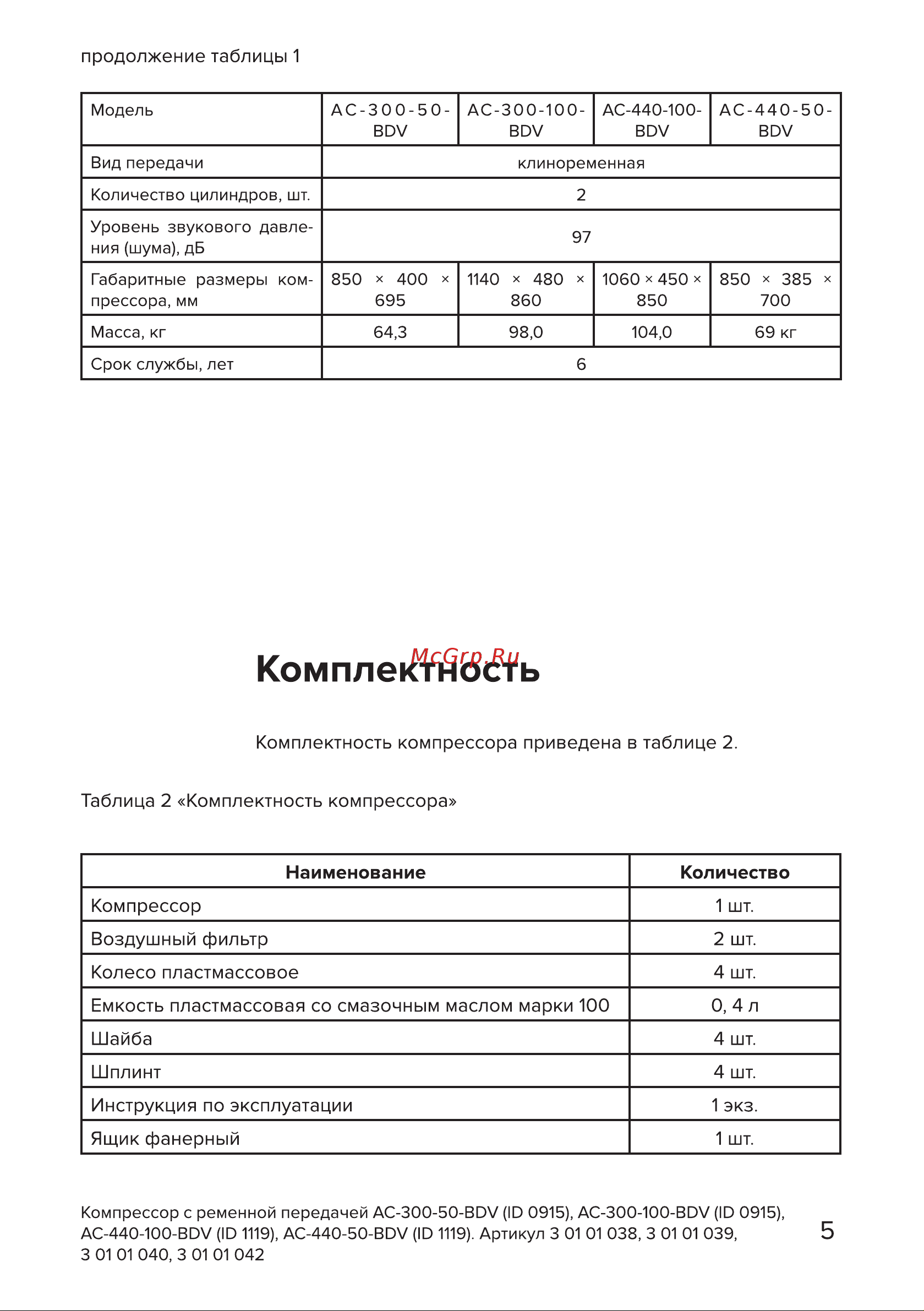 Кратон AC-440-100-BDV 3 01 01 040 Инструкция Кратон Компрессор 3 01 01 038 онлайн [5/42] 820798