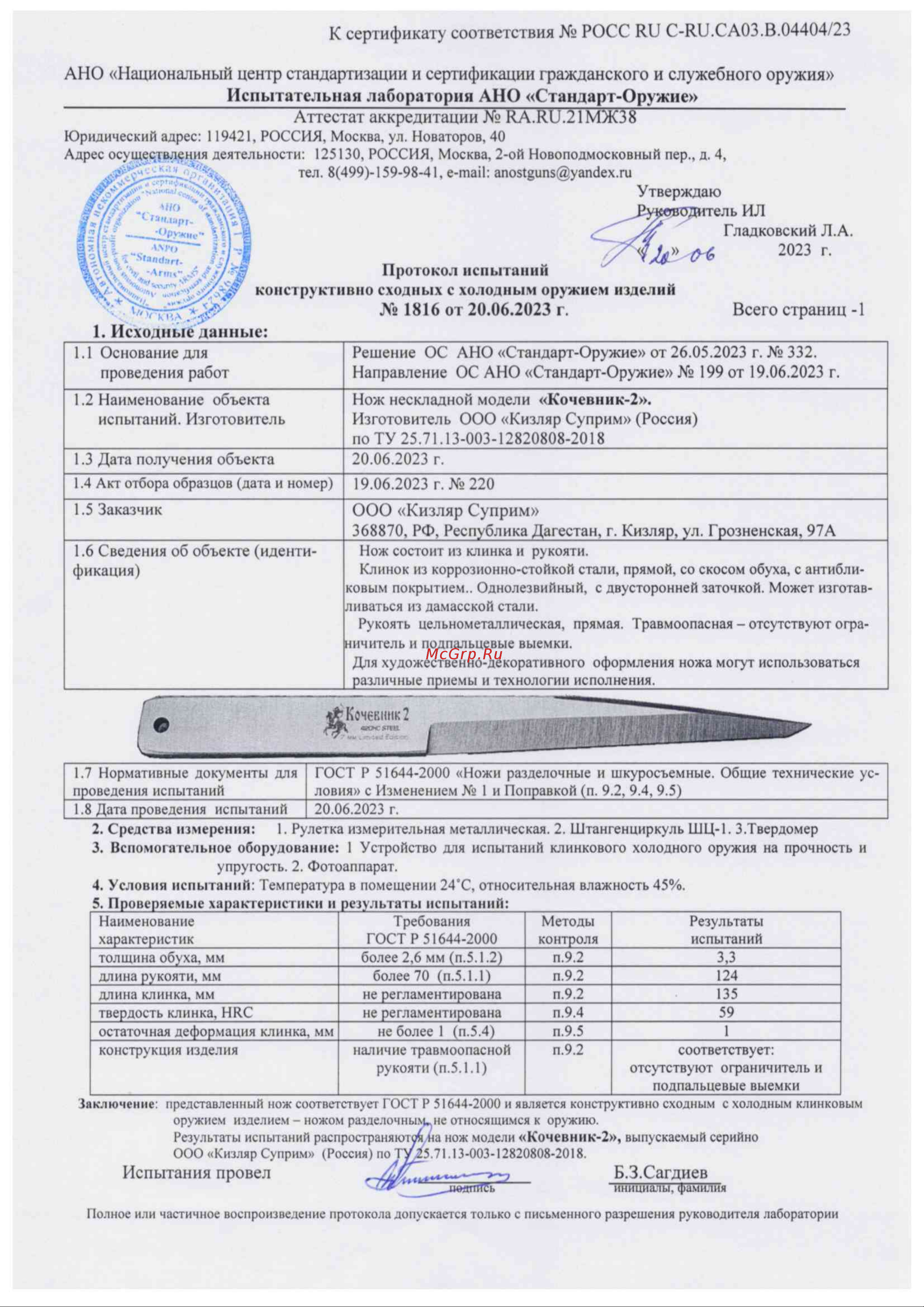 Kizlyar Supreme Кочевник 2 TacWash 4610094291183 Протокол испытания онлайн