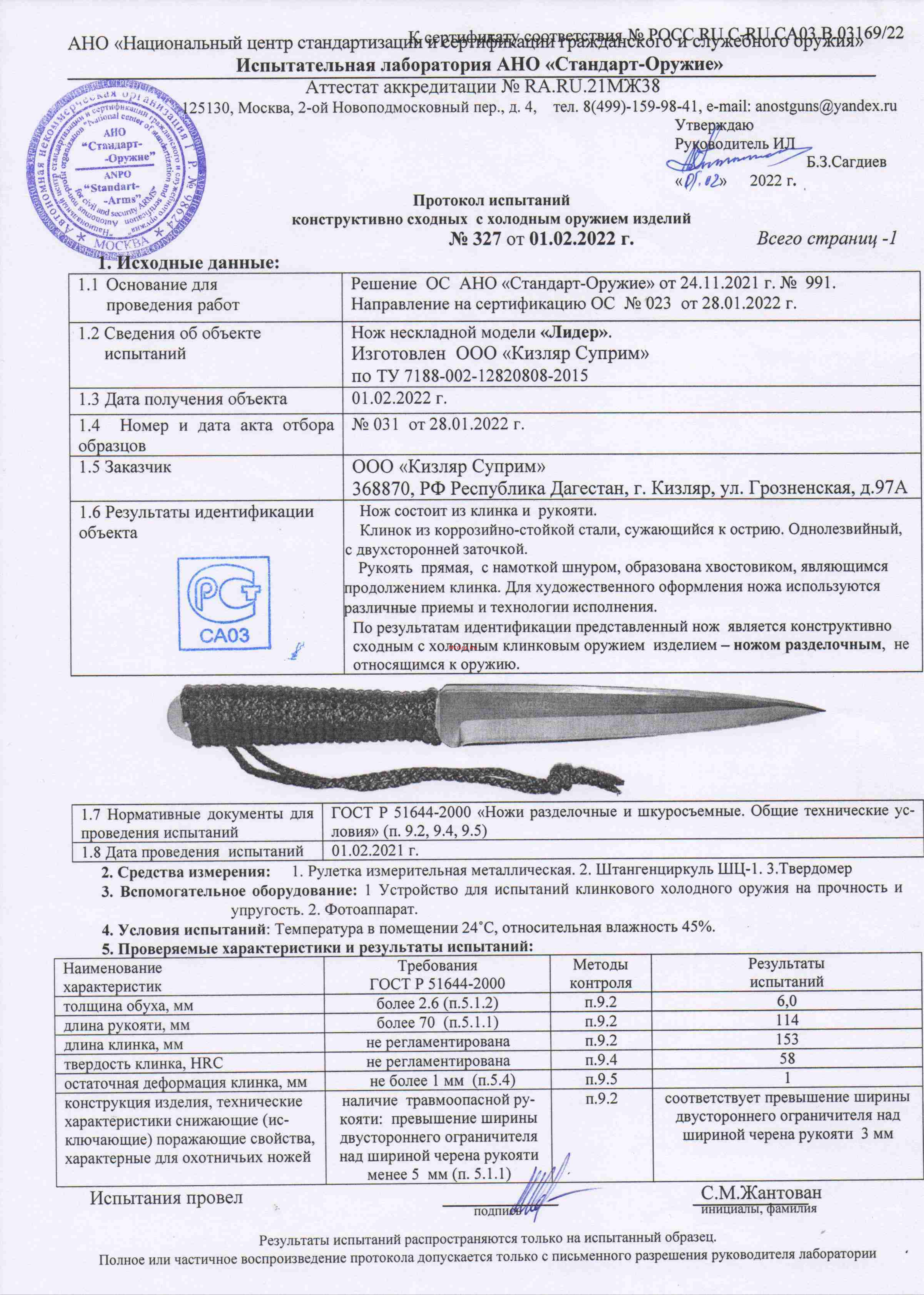 Kizlyar Supreme Лидер Satin 4650065056311 Протокол испытания онлайн