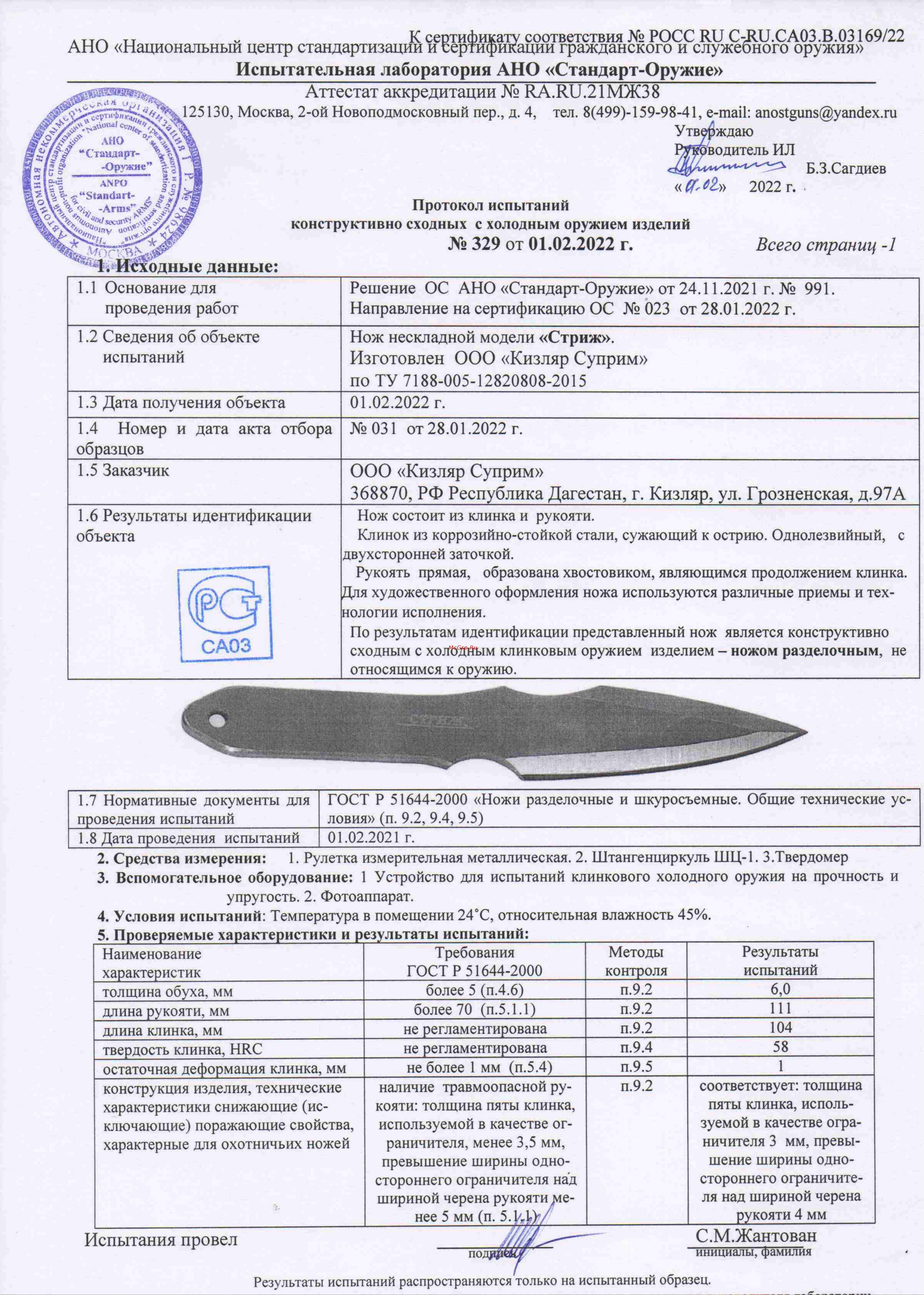 Kizlyar Supreme Стриж Satin 4650065056304 Протокол испытания онлайн