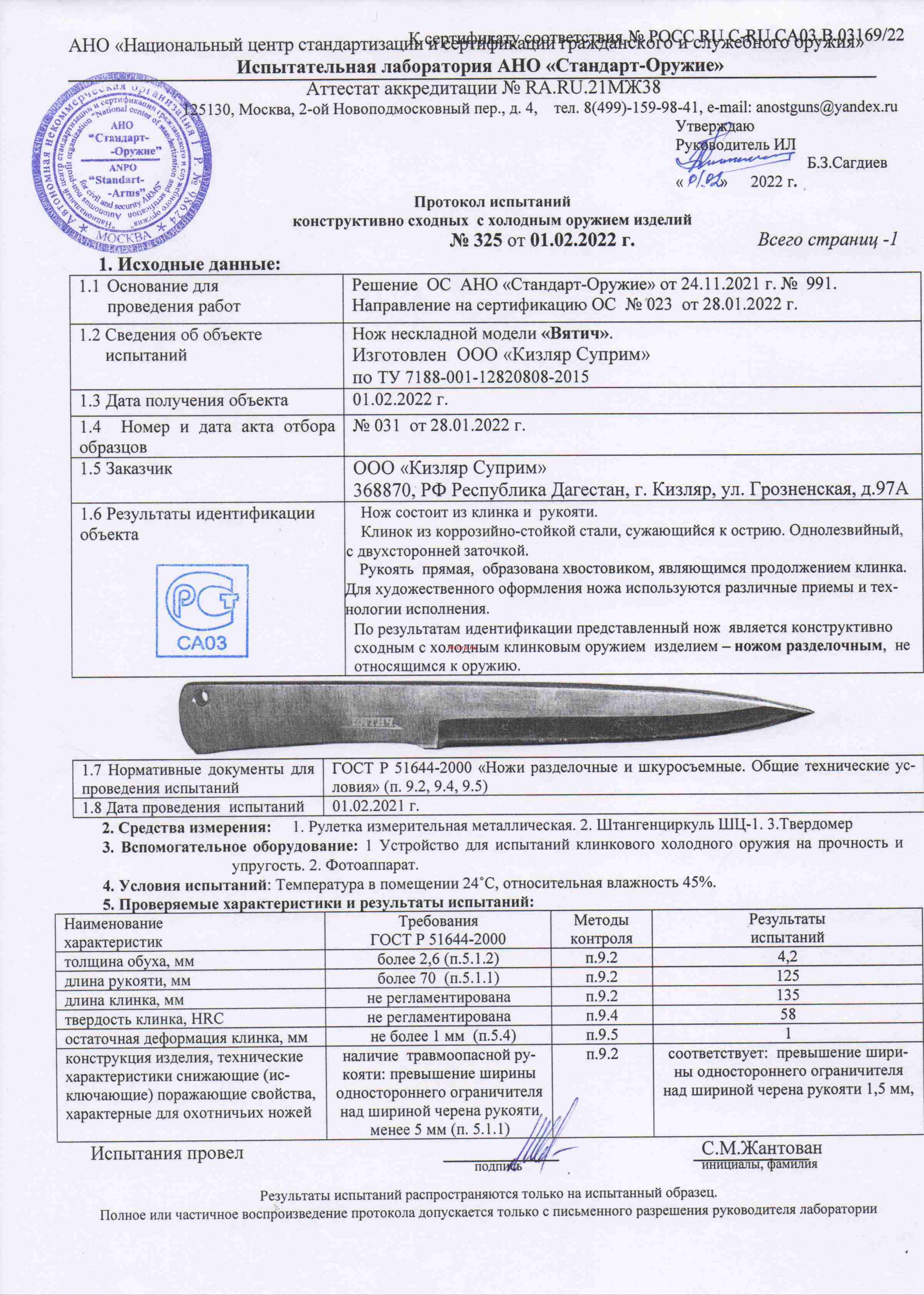 Kizlyar Supreme Вятич Satin 4650065056328 Протокол испытания онлайн