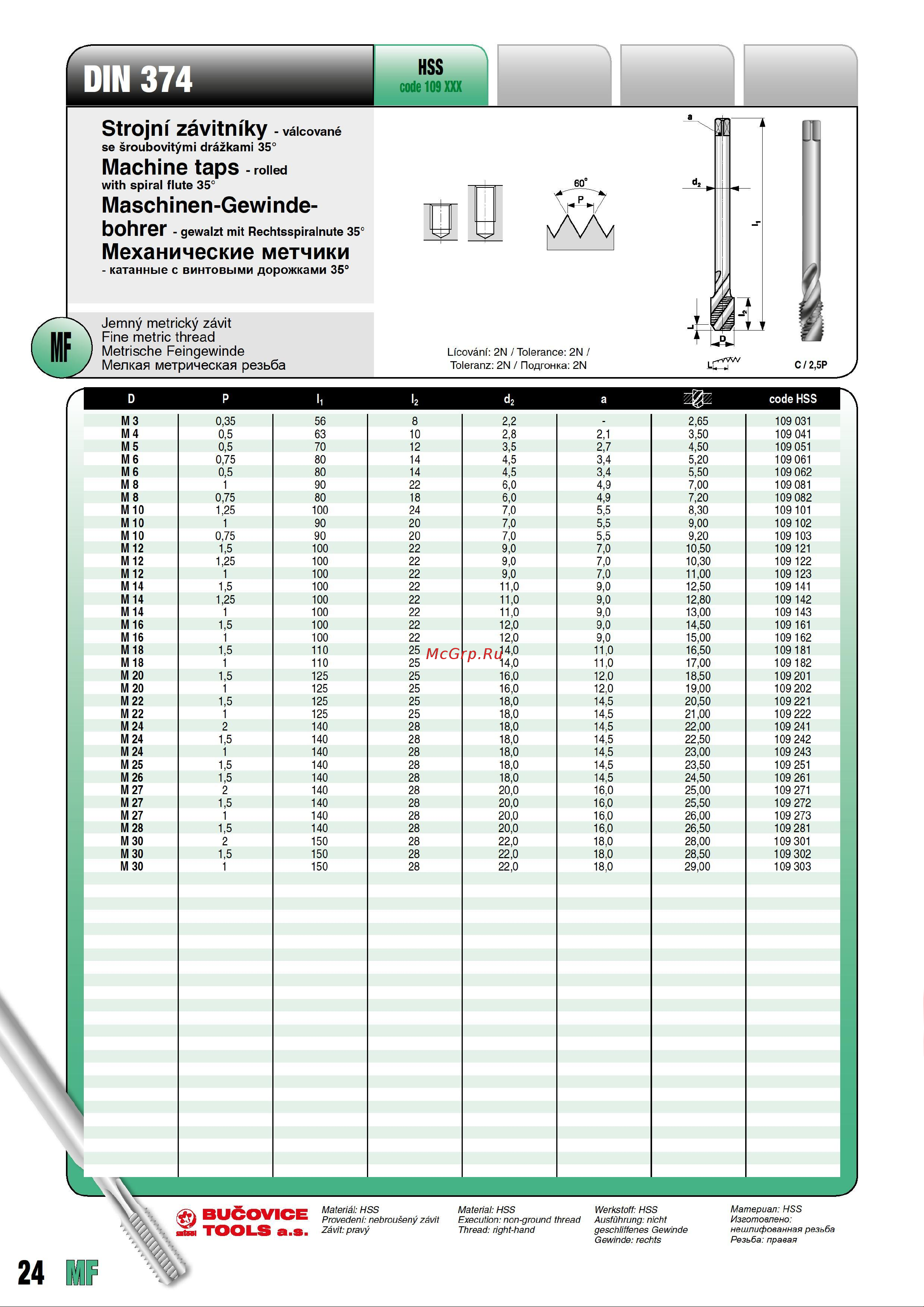 Bucovice Tools М 4, шаг 0.7 мм, HSSE DIN376 194040 Страница каталога онлайн