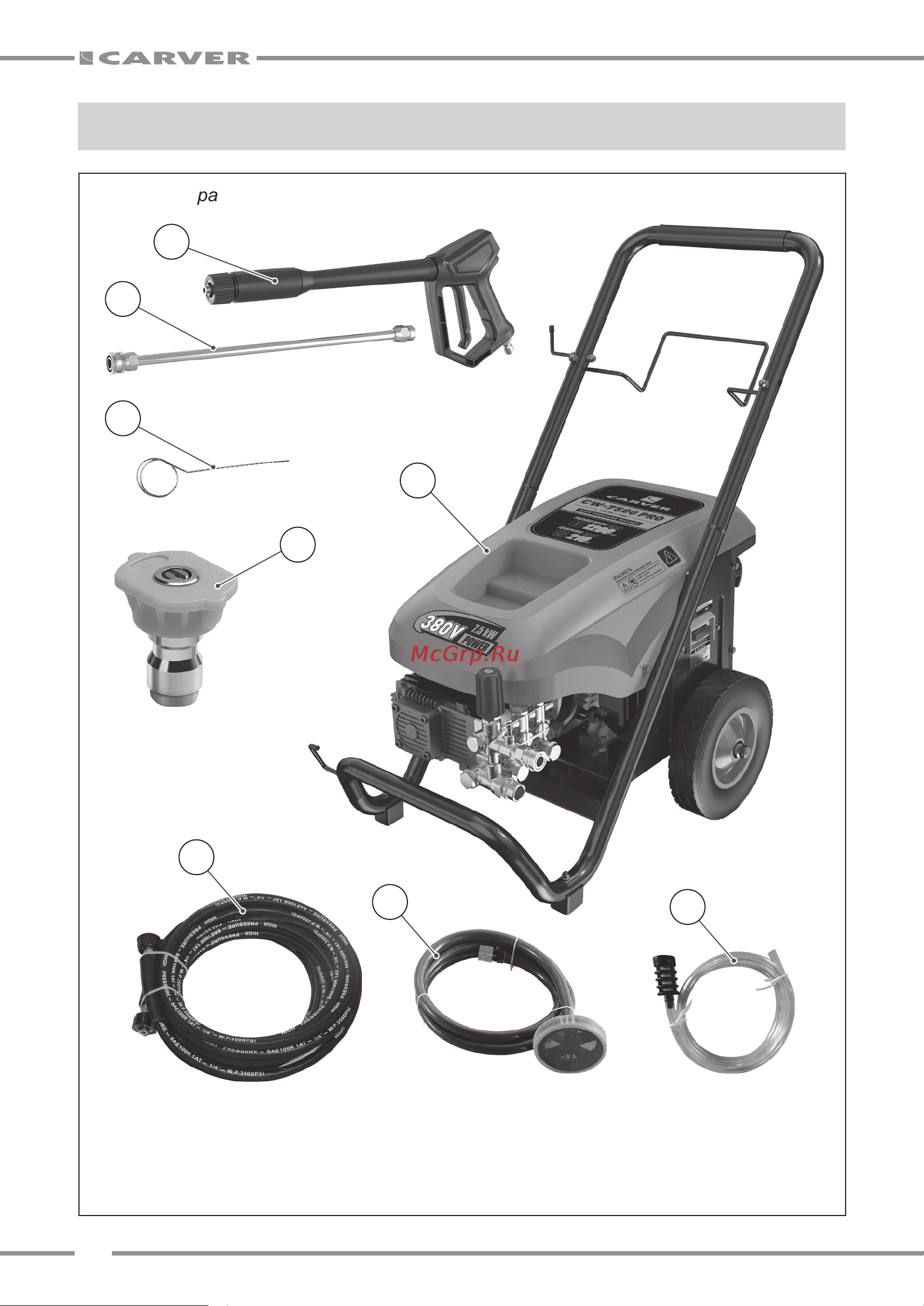 Carver CW-5200G PRO 7лс, 210 бар, 10 л/мин, латунь, самовсас, фрезы 4шт, колеса 01.023.00008 Инструкция онлайн [6/20] 822764