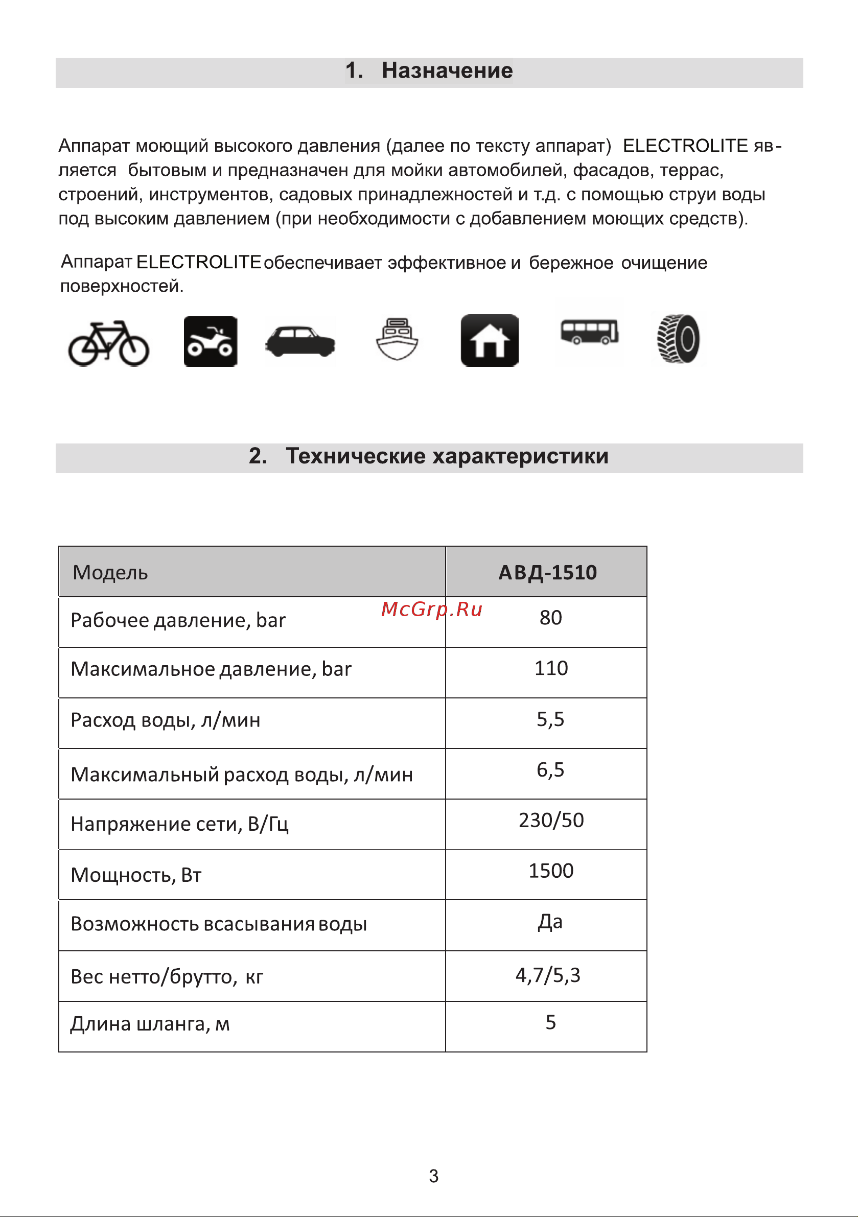 ELECTROLITE  1510 EL (Мощность 1500 Вт, давление 110 bar, расход воды до 6,5 л/мин, длина шланга 5 метров, самовсасывающая) 4724 Инструкция онлайн [4/14] 822849
